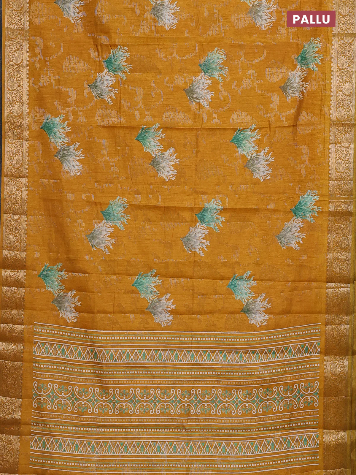 Semi dola saree mustard yellow with floral prints & zari weaves and zari woven border - Image 3