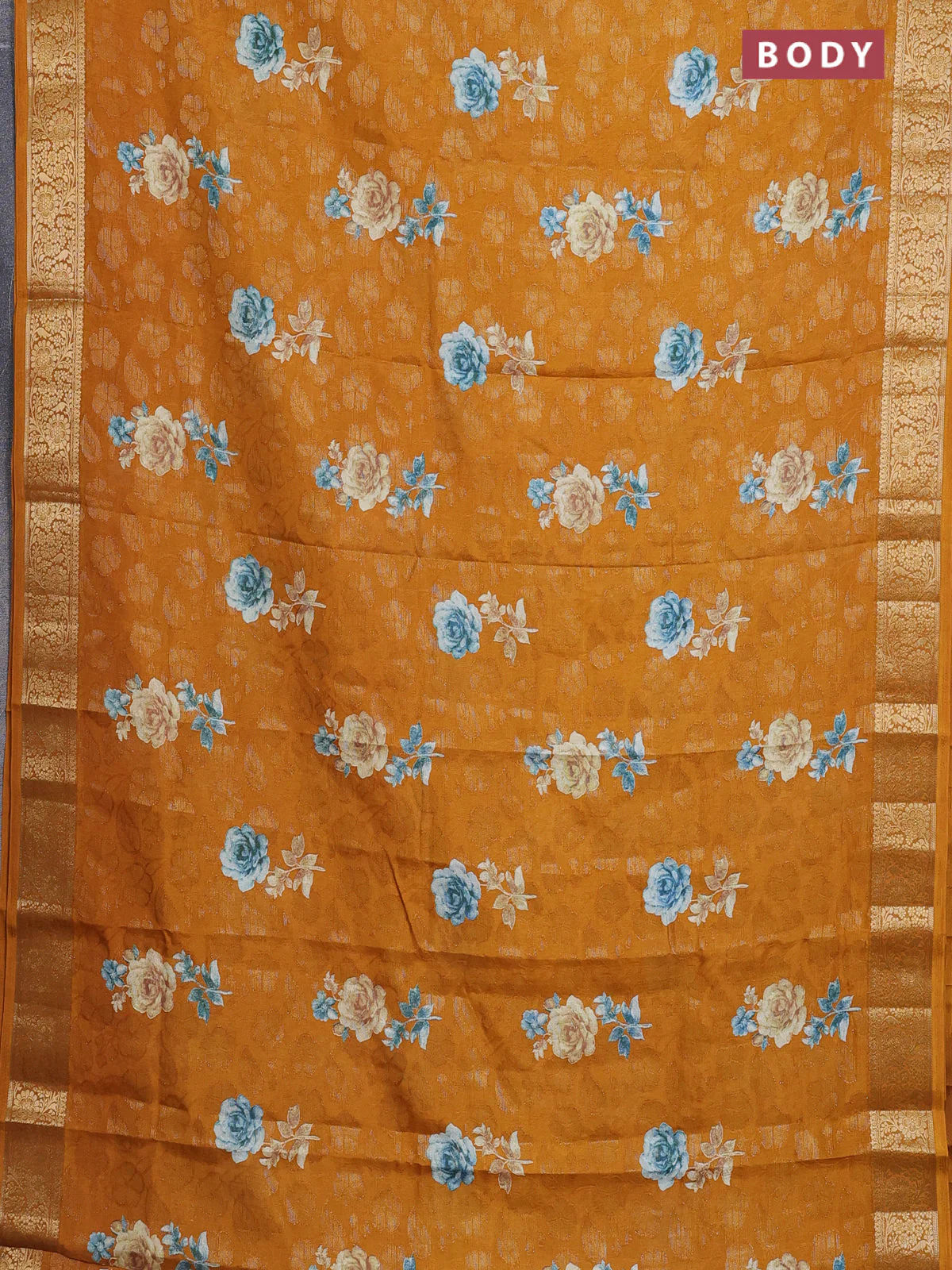 Semi dola saree mustard yellow with floral prints & zari weaves and zari woven border - Image 2