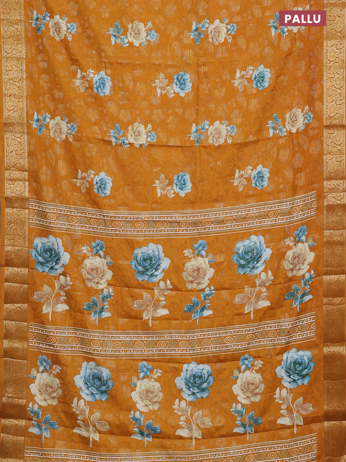 Semi dola saree mustard yellow with floral prints & zari weaves and zari woven border - Image 3