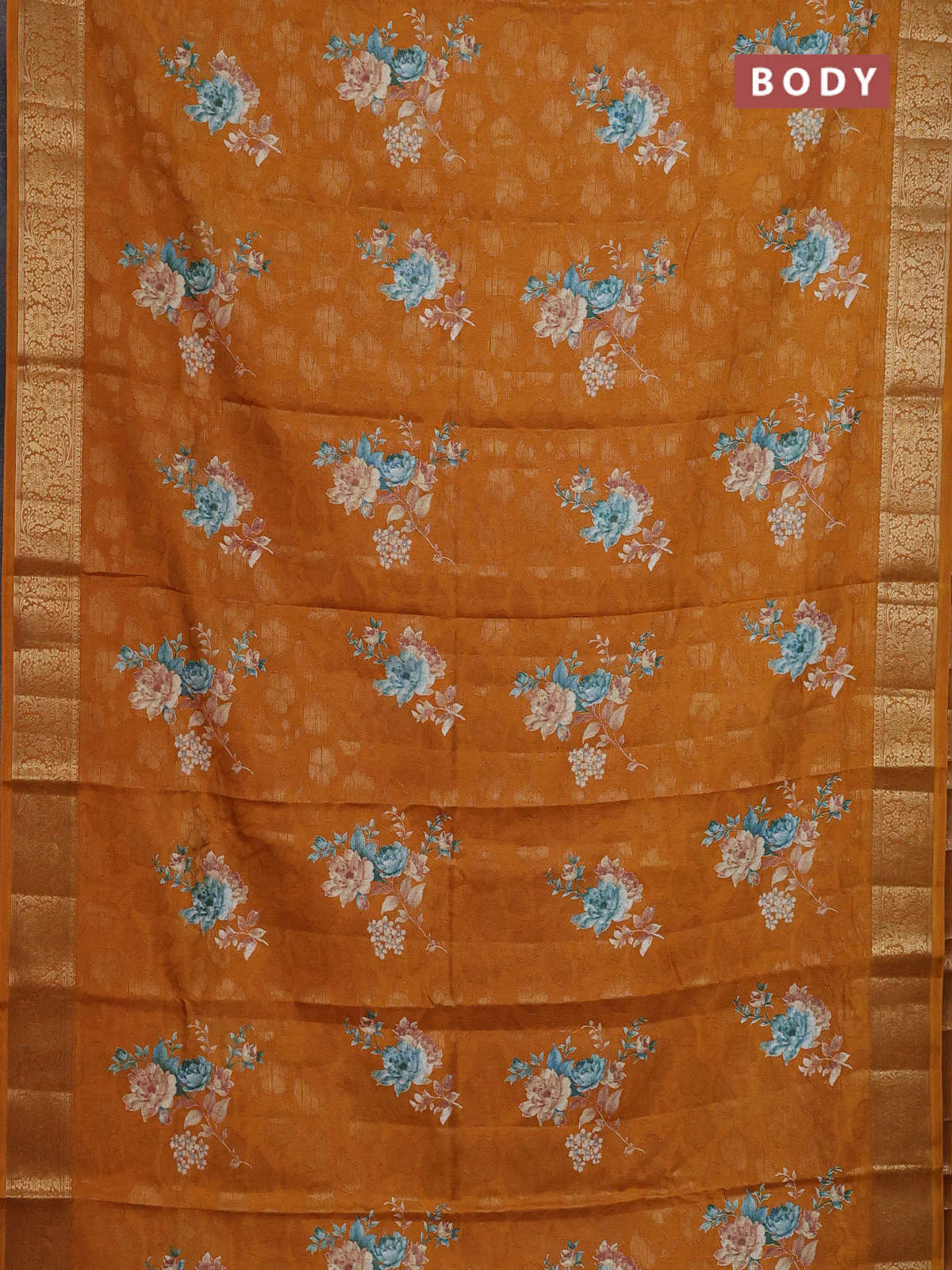 Semi dola saree mustard yellow with floral prints & zari weaves and zari woven border - Image 2
