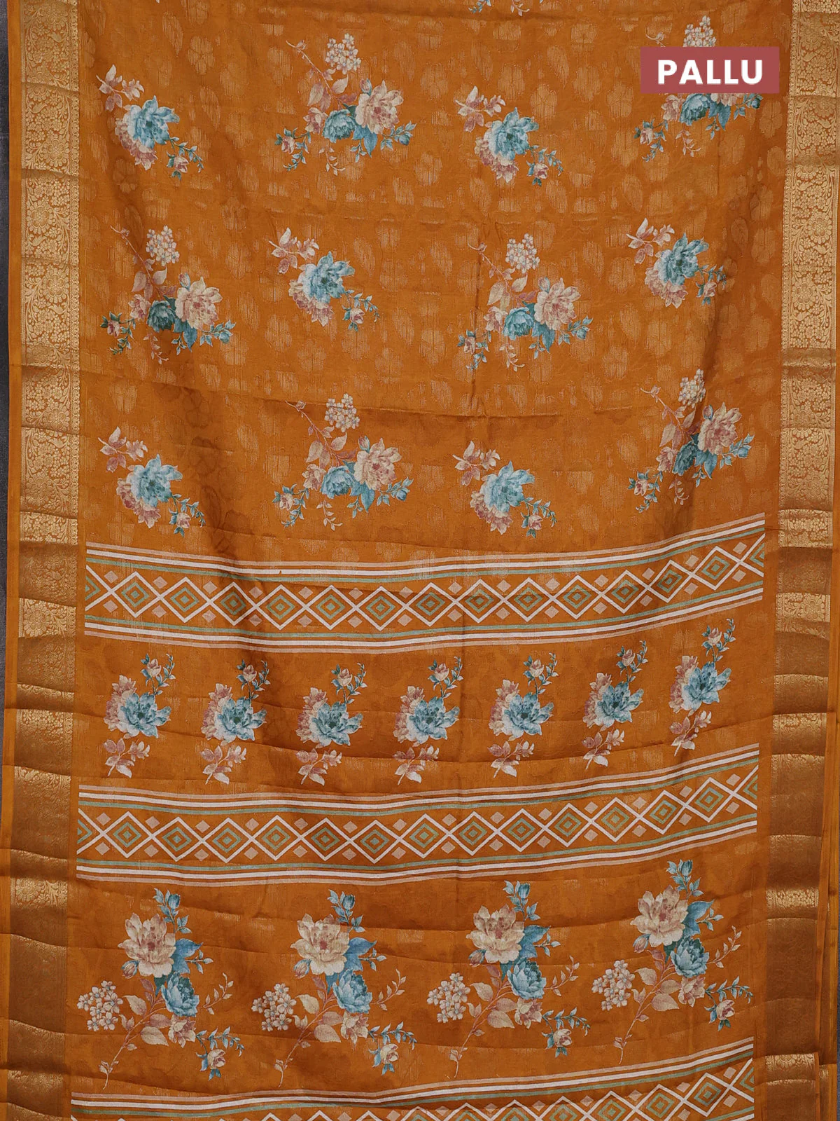 Semi dola saree mustard yellow with floral prints & zari weaves and zari woven border - Image 3
