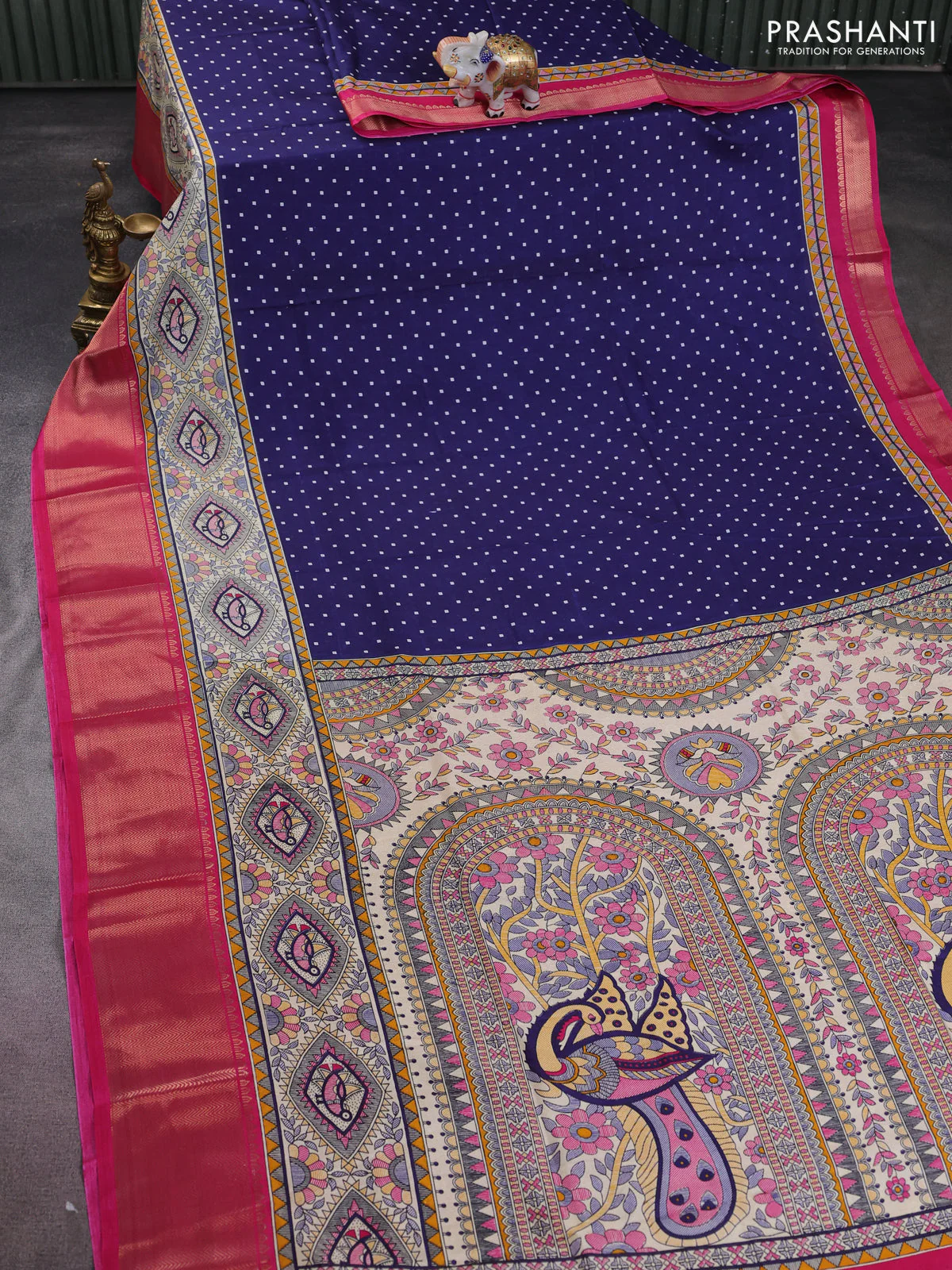 Semi dola saree navy blue and pink with allover bandhani prints and long printed zari woven border - Image 2