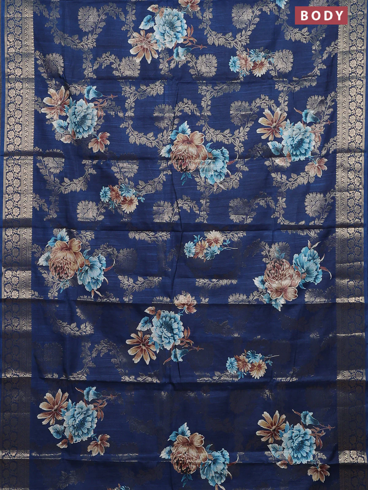Semi dola saree peacock blue with allover zari weaves & floral prints and zari woven border - Image 2