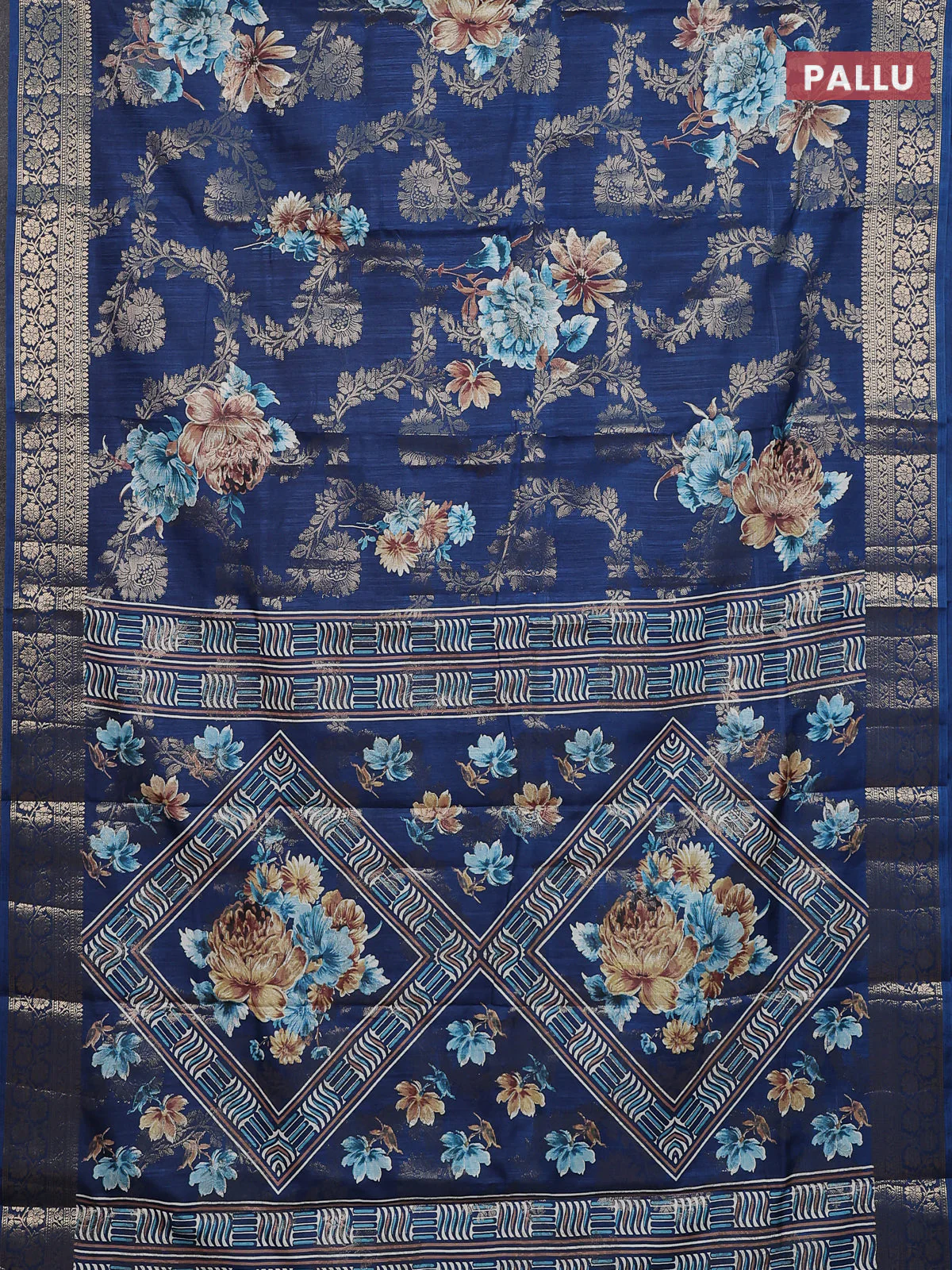 Semi dola saree peacock blue with allover zari weaves & floral prints and zari woven border - Image 3