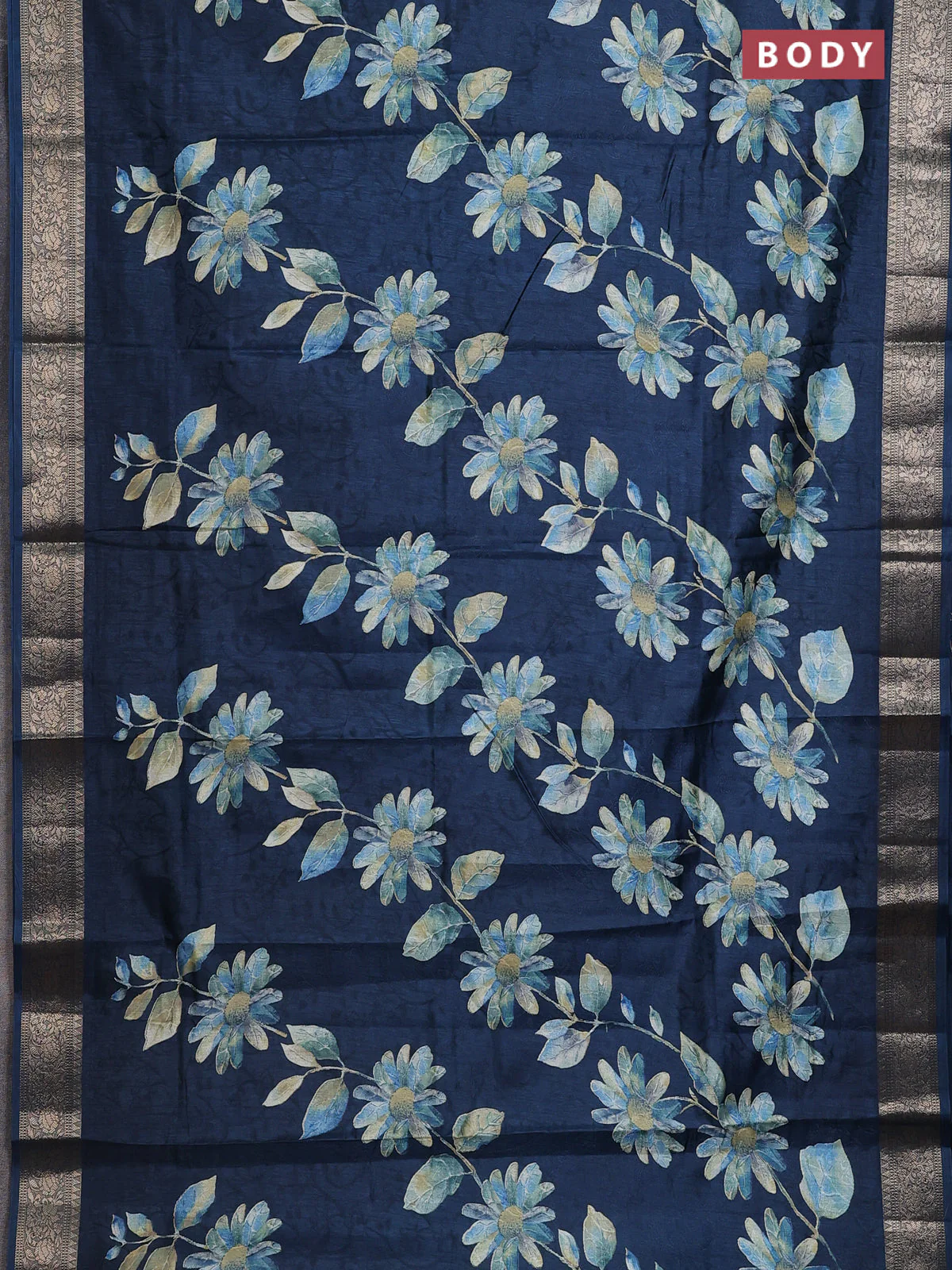 Semi dola saree peacock blue with floral prints & self emboss and zari woven border - Image 2