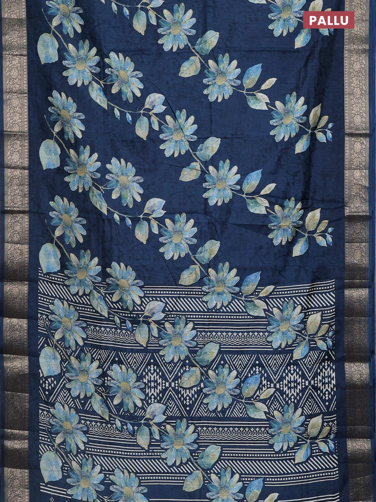 Semi dola saree peacock blue with floral prints & self emboss and zari woven border - Image 3