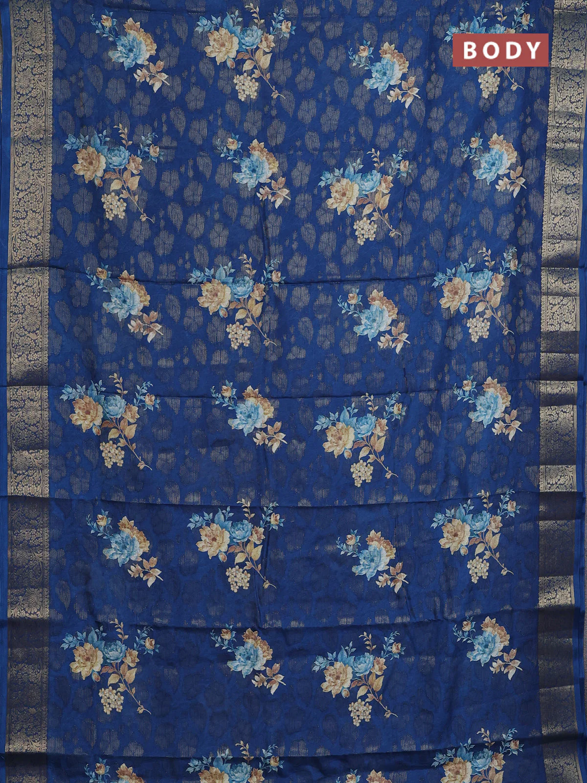 Semi dola saree peacock blue with floral prints & zari weaves and zari woven border - Image 2