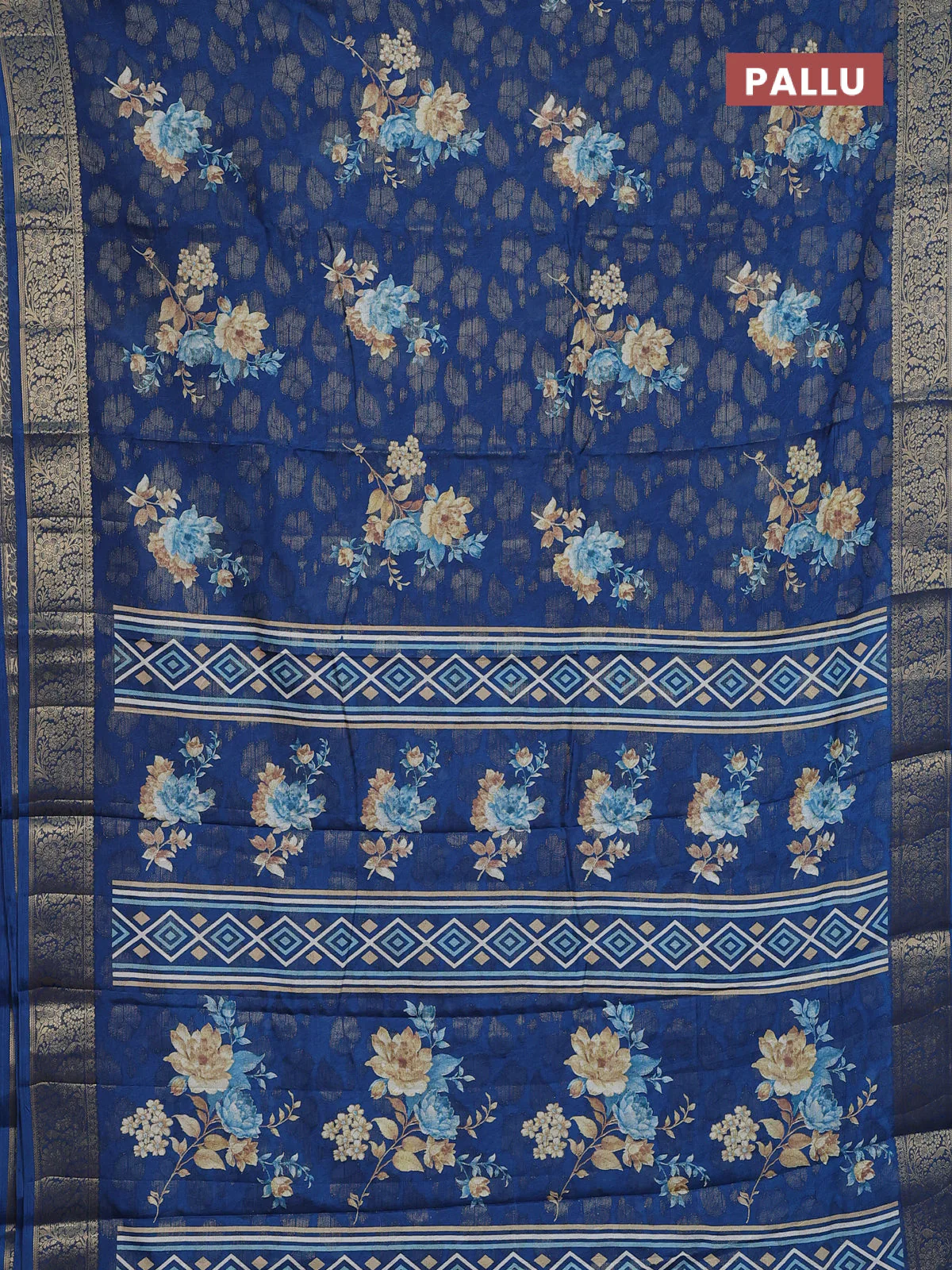Semi dola saree peacock blue with floral prints & zari weaves and zari woven border - Image 3
