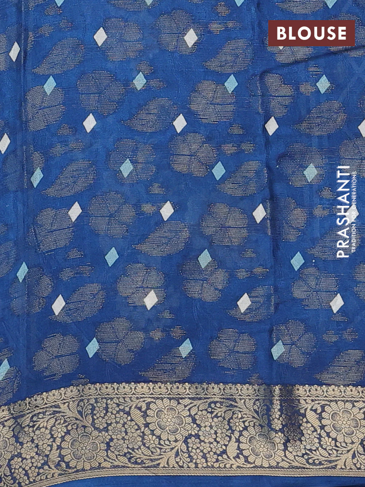 Semi dola saree peacock blue with floral prints & zari weaves and zari woven border - Image 4