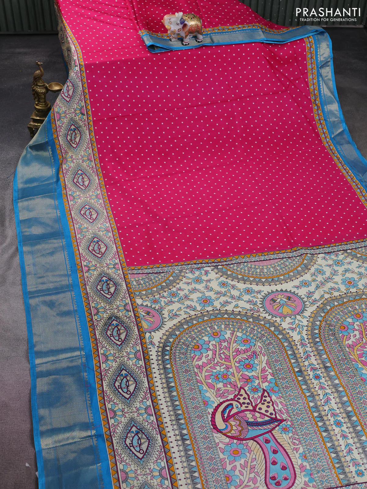 Semi dola saree pink and blue with allover bandhani prints and long printed zari woven border - Image 2