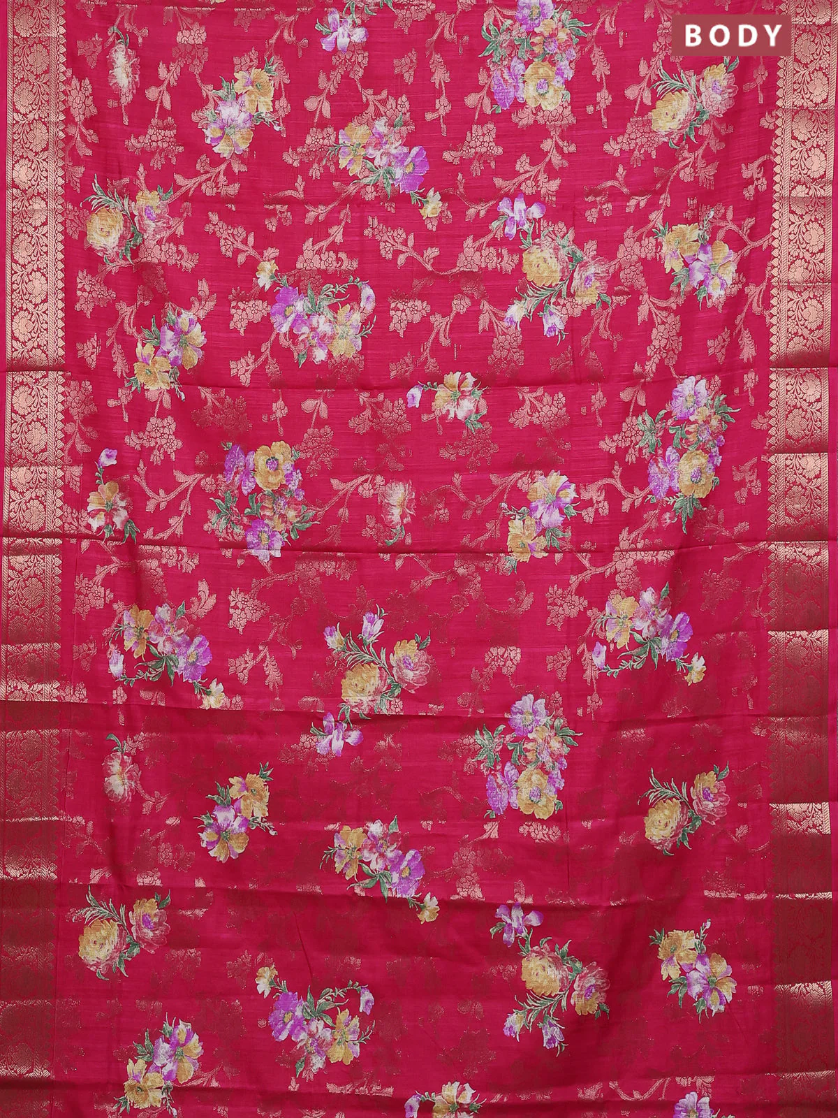 Semi dola saree pink with allover zari weaves & floral prints and zari woven border - Image 2
