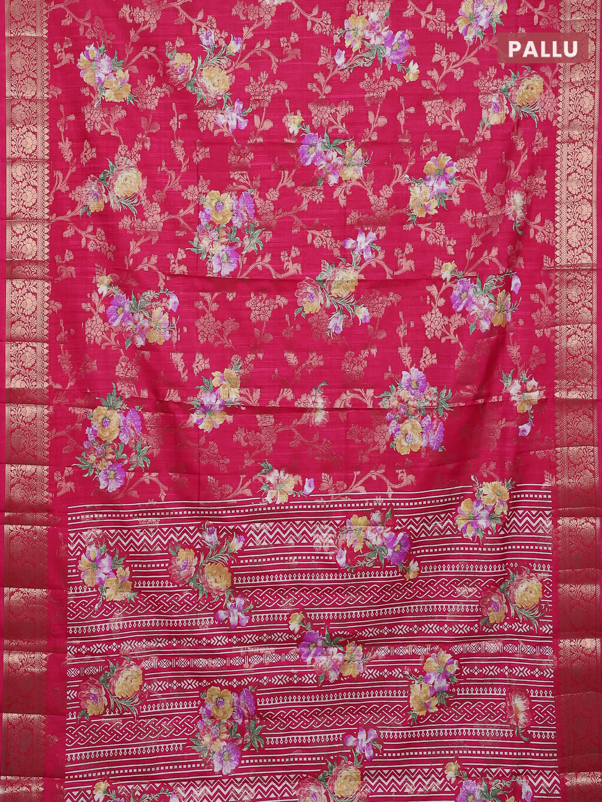 Semi dola saree pink with allover zari weaves & floral prints and zari woven border - Image 3