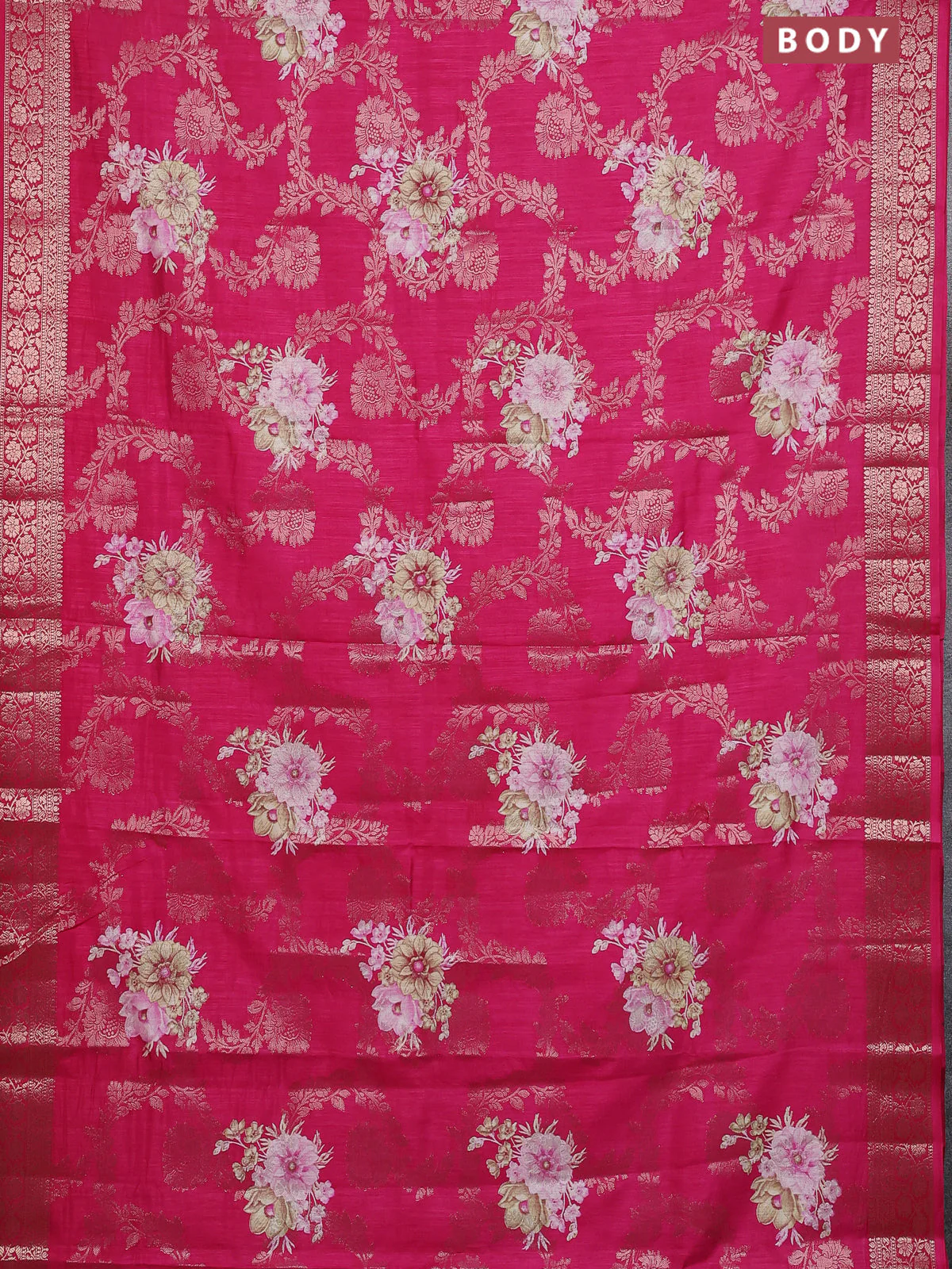 Semi dola saree pink with allover zari weaves & floral prints and zari woven border - Image 2