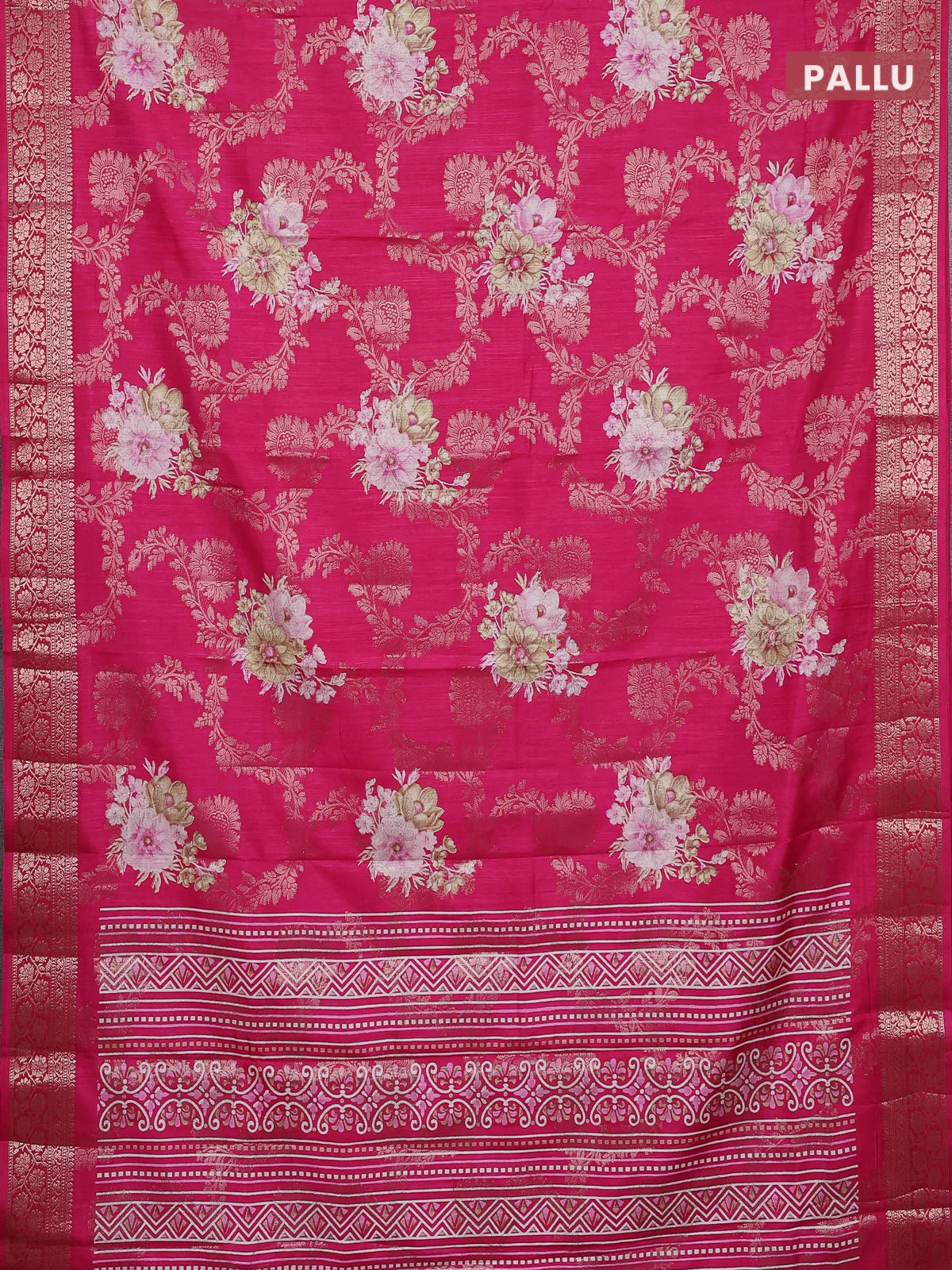 Semi dola saree pink with allover zari weaves & floral prints and zari woven border - Image 3