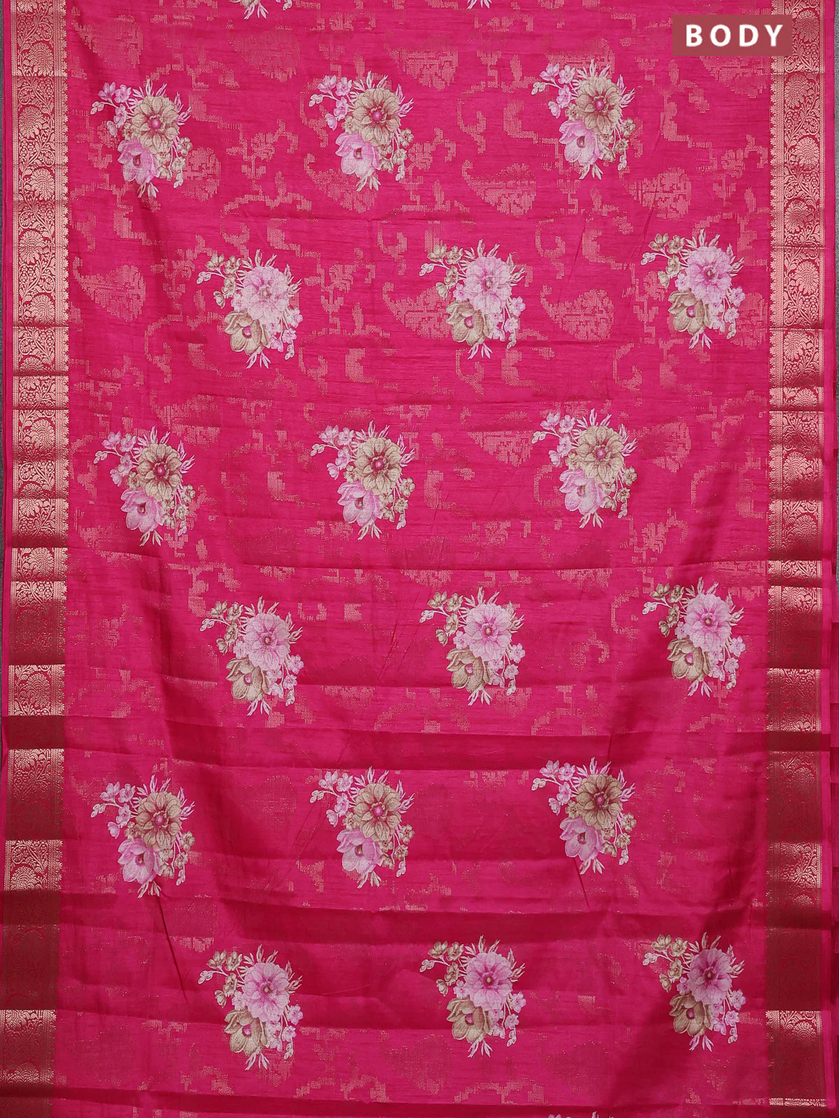 Semi dola saree pink with allover zari weaves & floral prints and zari woven border - Image 2