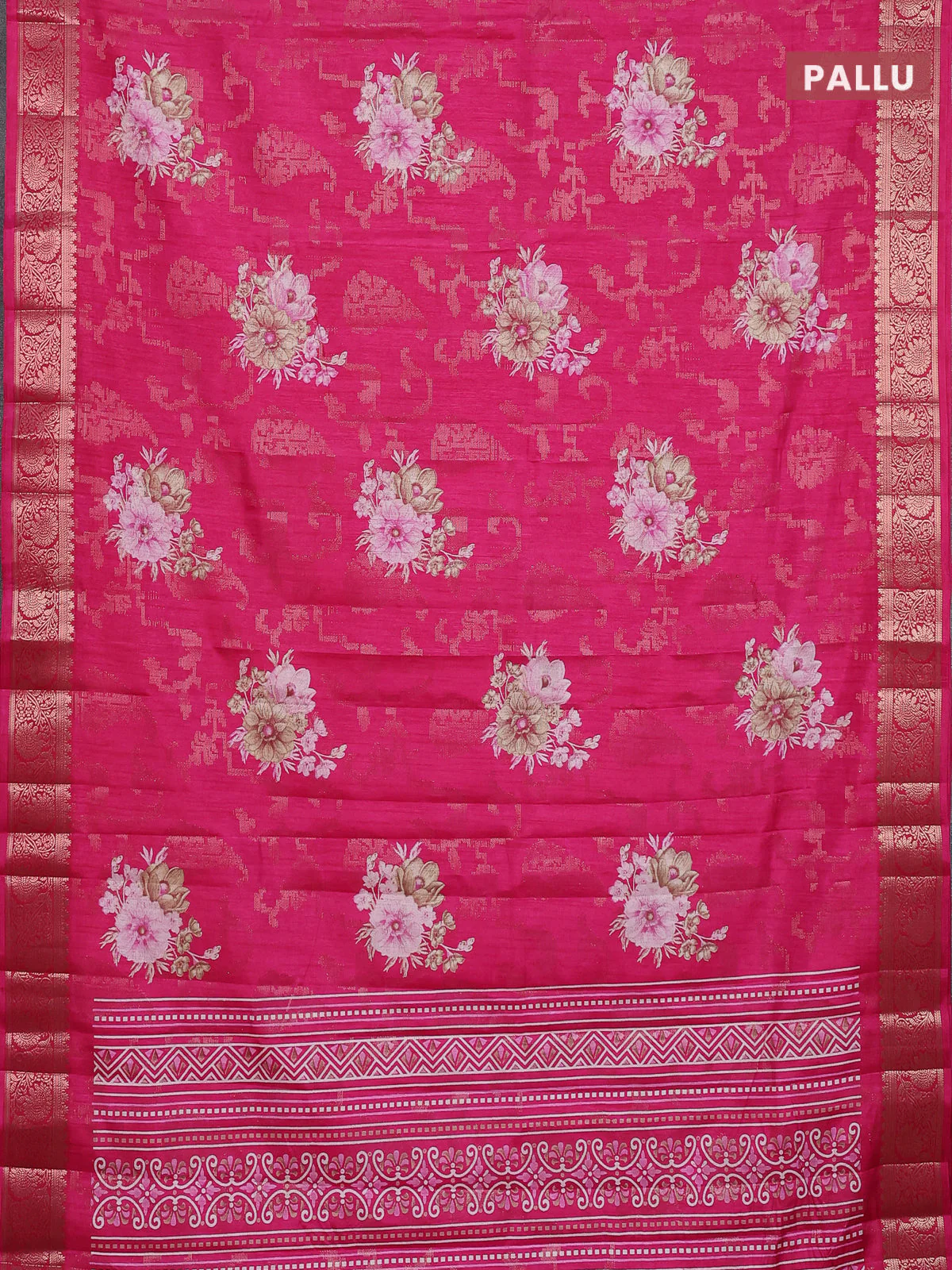 Semi dola saree pink with allover zari weaves & floral prints and zari woven border - Image 3