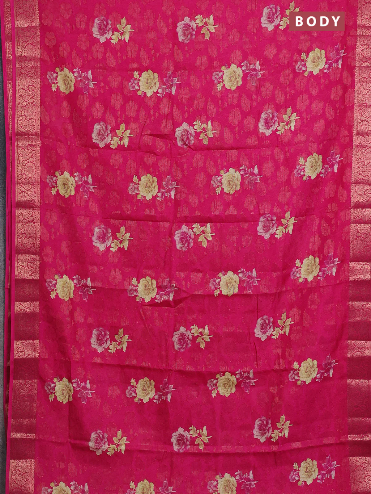 Semi dola saree pink with floral prints & zari weaves and zari woven border - Image 2
