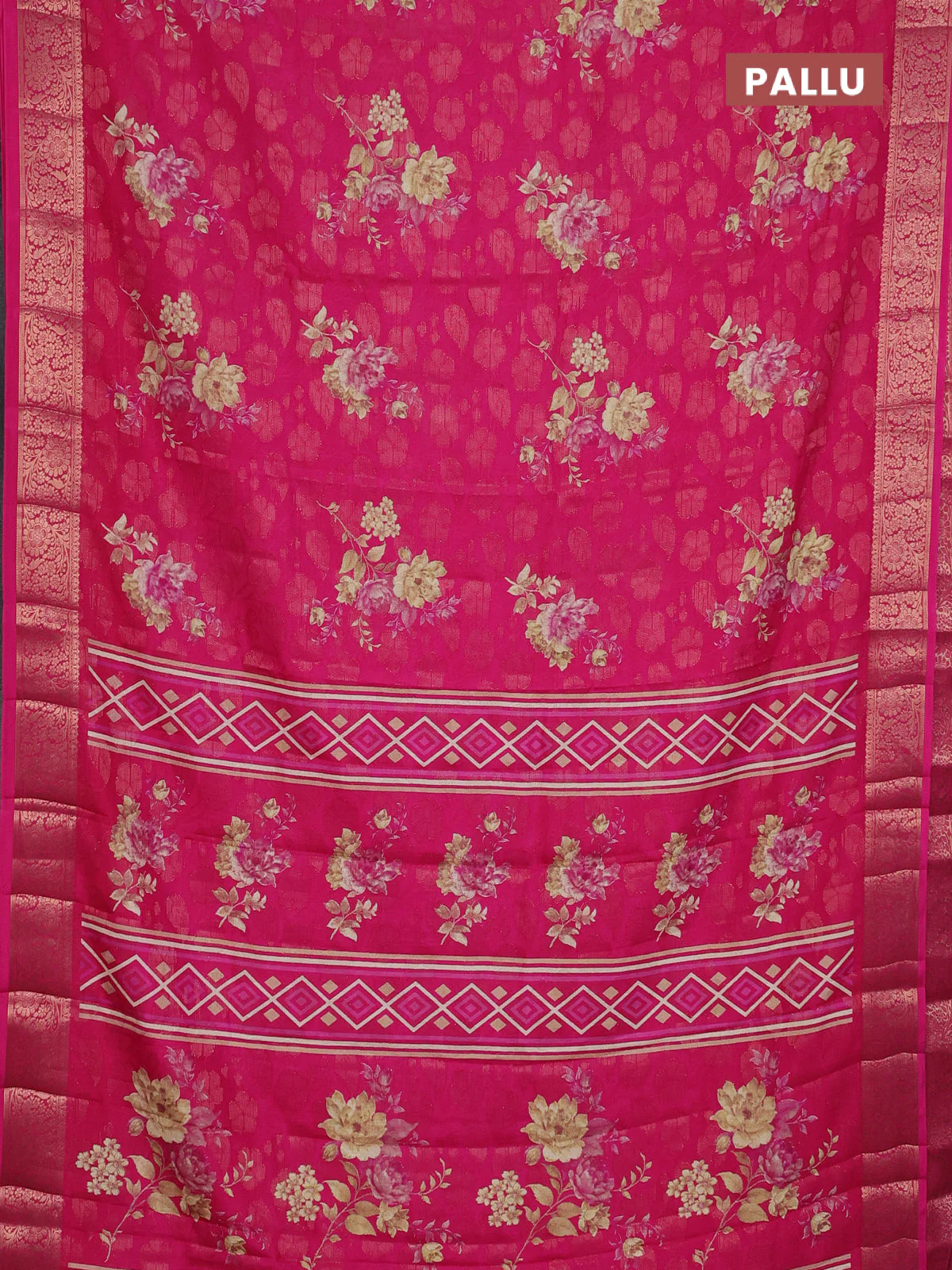 Semi dola saree pink with floral prints & zari weaves and zari woven border - Image 3