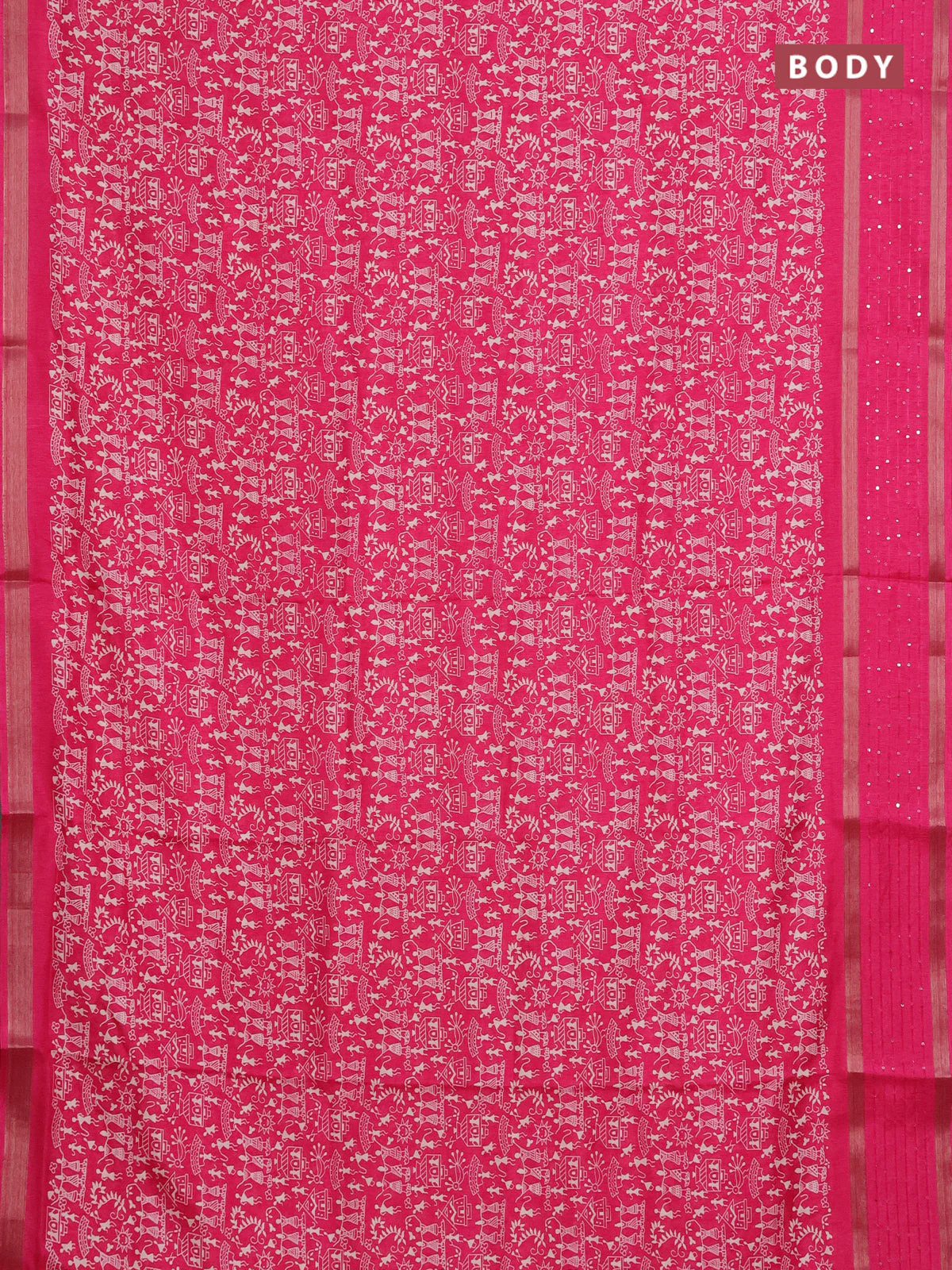 Semi dola saree pink with warli prints and zari woven sequin work border - Image 2