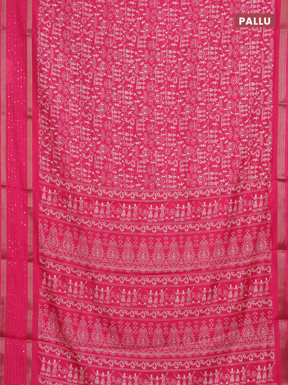 Semi dola saree pink with warli prints and zari woven sequin work border - Image 3
