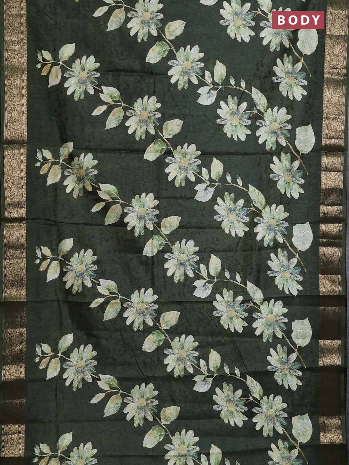 Semi dola saree sap green with floral prints & self emboss and zari woven border - Image 2