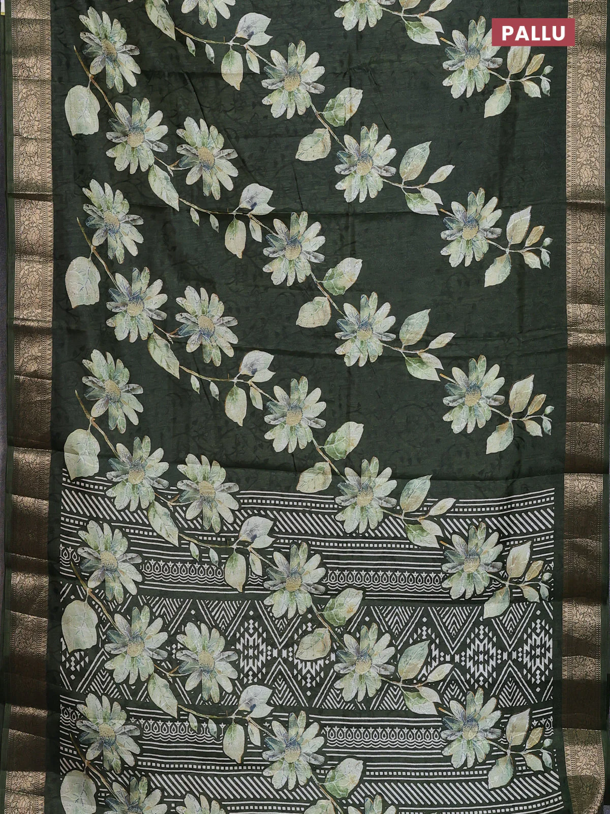 Semi dola saree sap green with floral prints & self emboss and zari woven border - Image 3