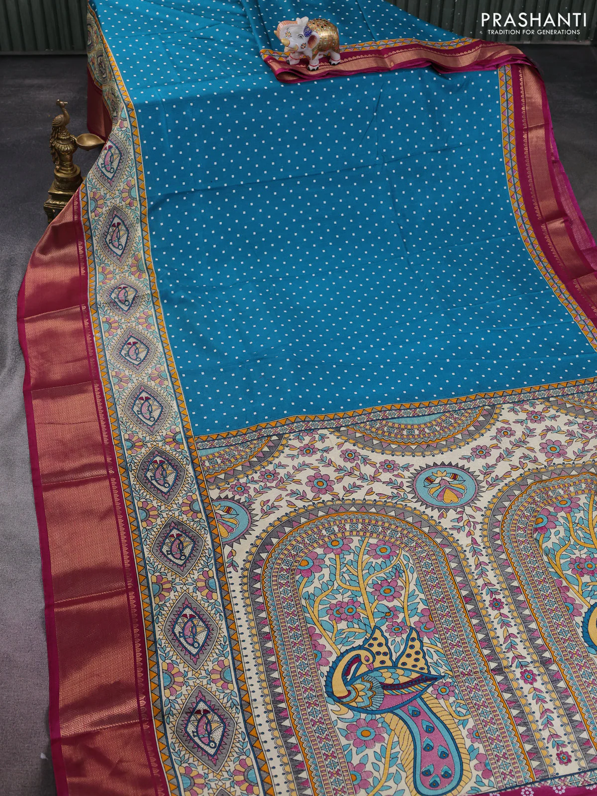 Semi dola saree teal blue shade and dark magenta pink with allover bandhani prints and long printed zari woven border - Image 2