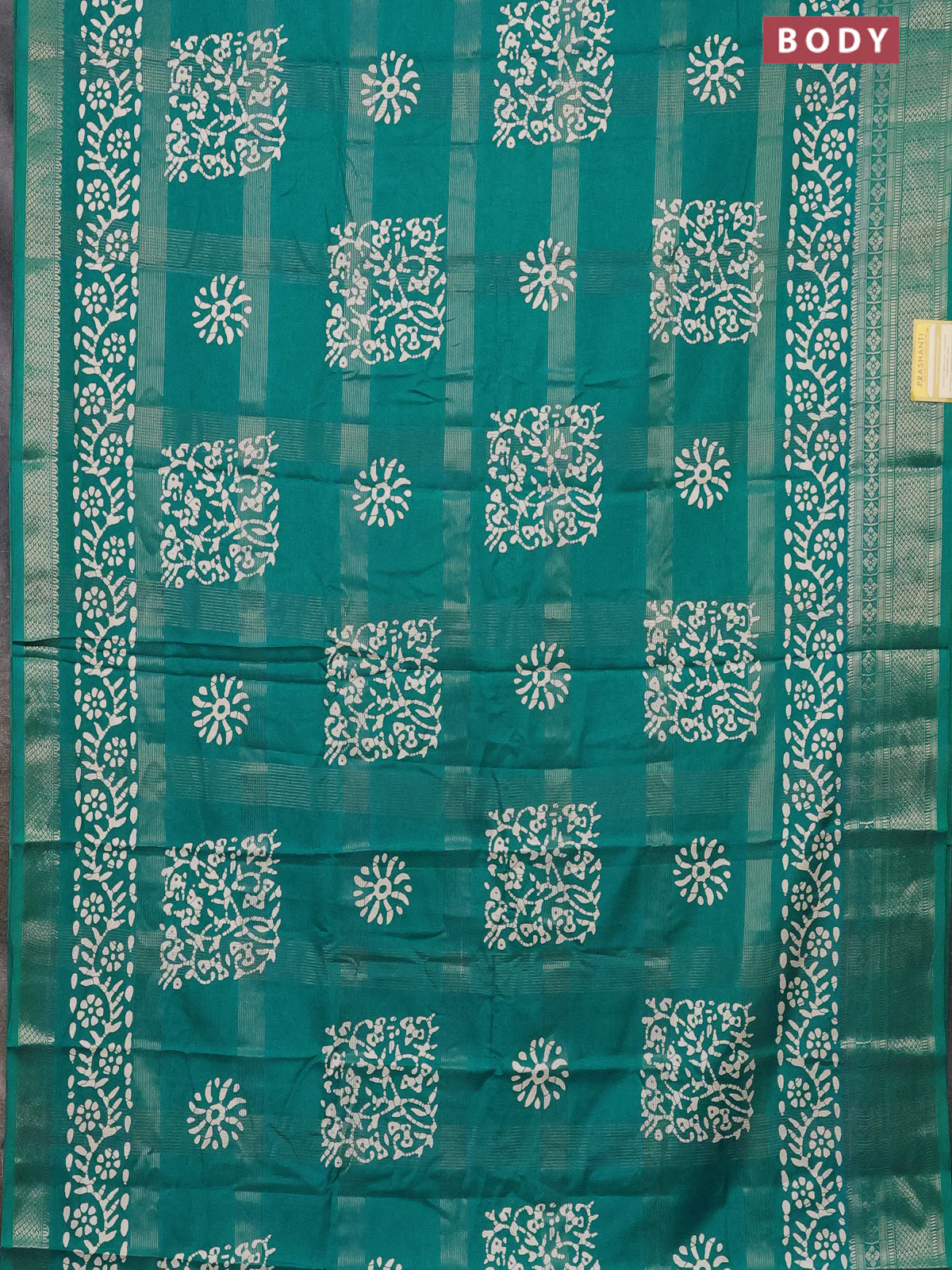 Semi dola saree teal blue with allover zari weaves & batik prints and zari woven border - Image 2