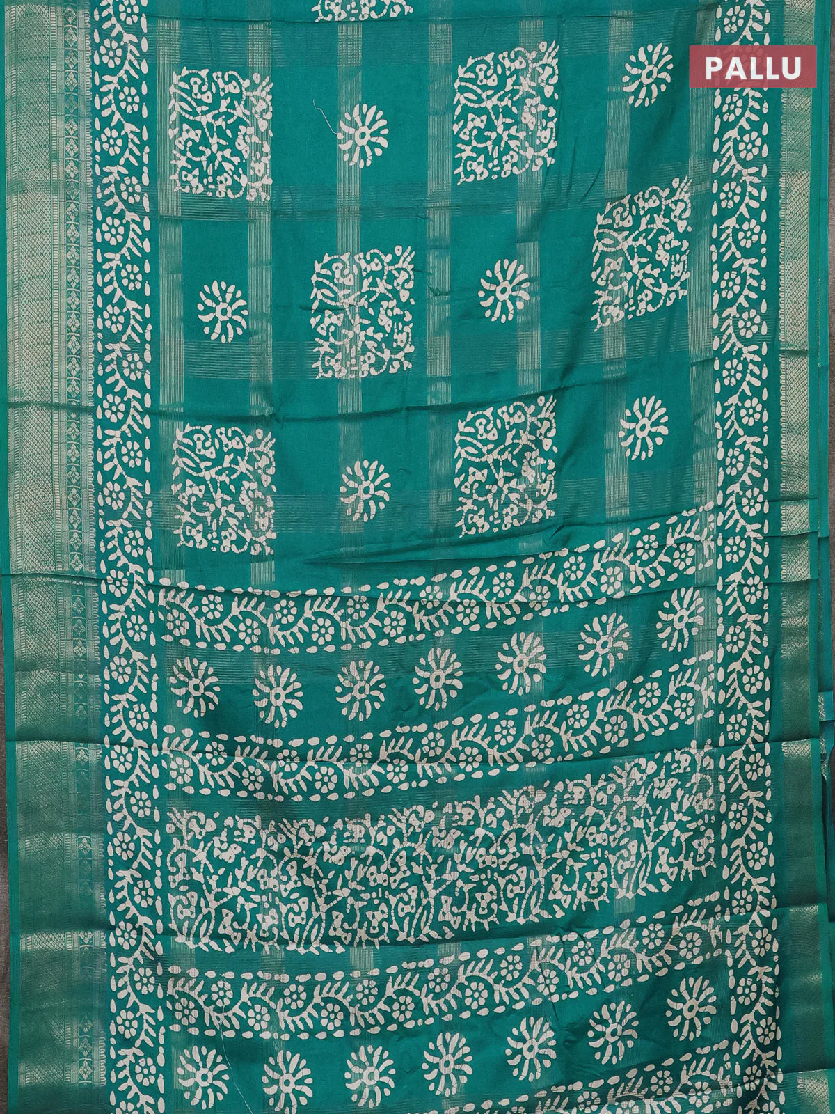 Semi dola saree teal blue with allover zari weaves & batik prints and zari woven border - Image 3