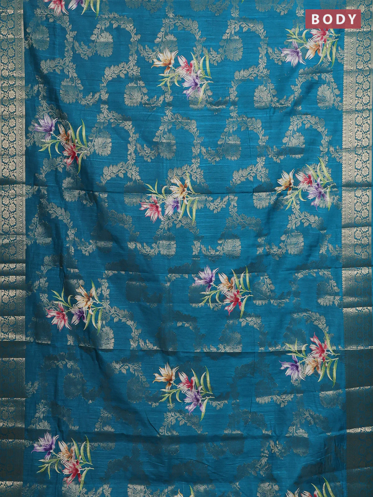 Semi dola saree teal blue with allover zari weaves & floral prints and zari woven border - Image 2