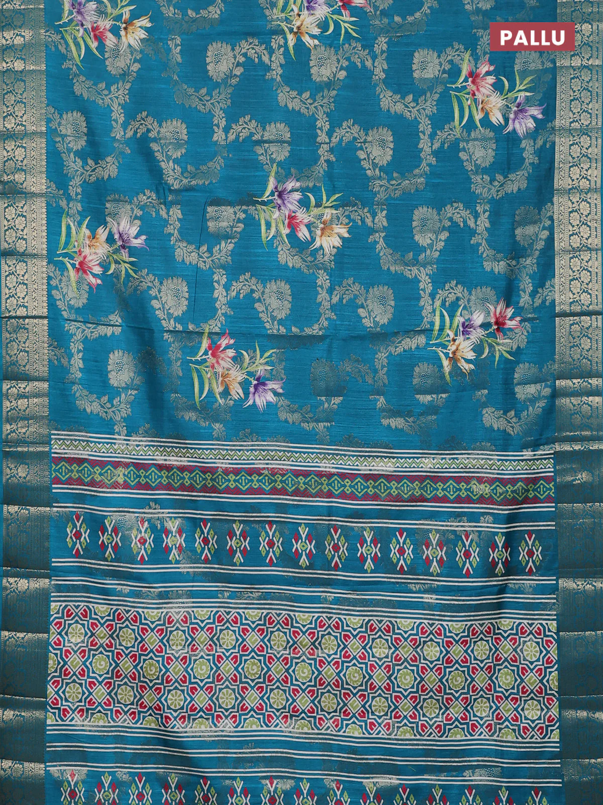 Semi dola saree teal blue with allover zari weaves & floral prints and zari woven border - Image 3