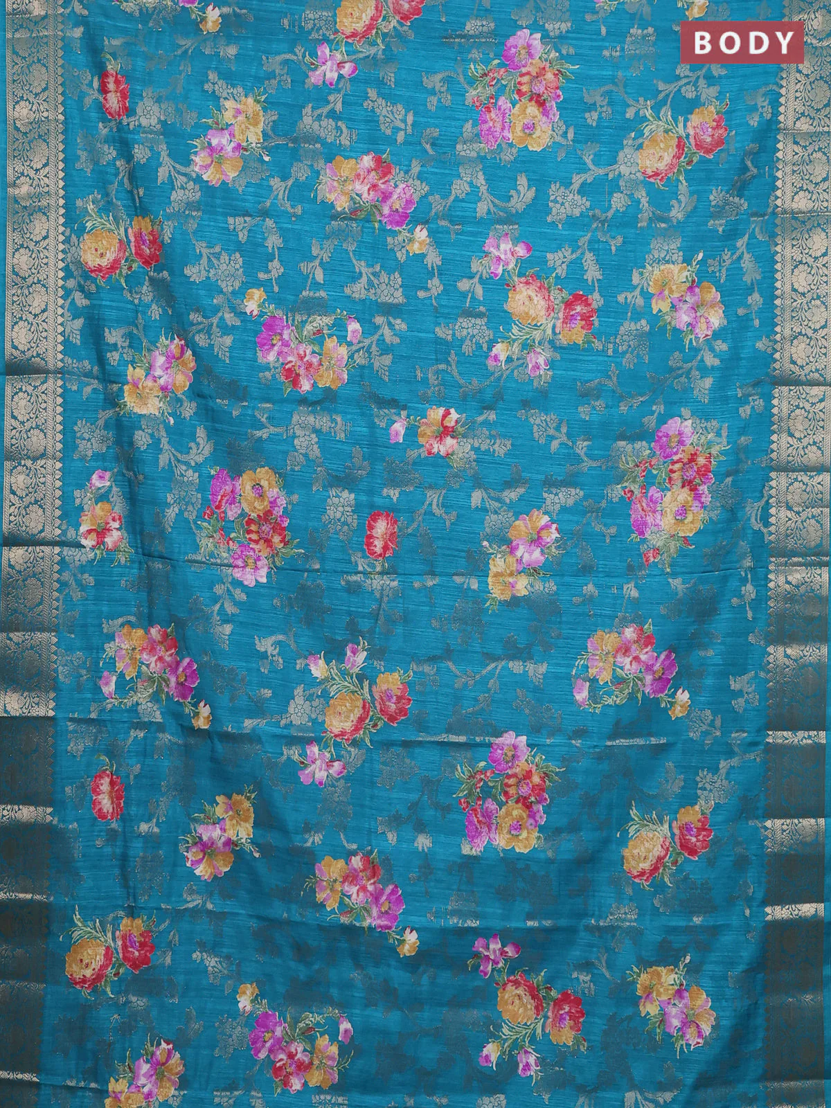 Semi dola saree teal blue with allover zari weaves & floral prints and zari woven border - Image 2
