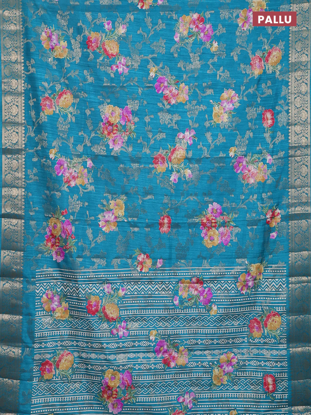 Semi dola saree teal blue with allover zari weaves & floral prints and zari woven border - Image 3