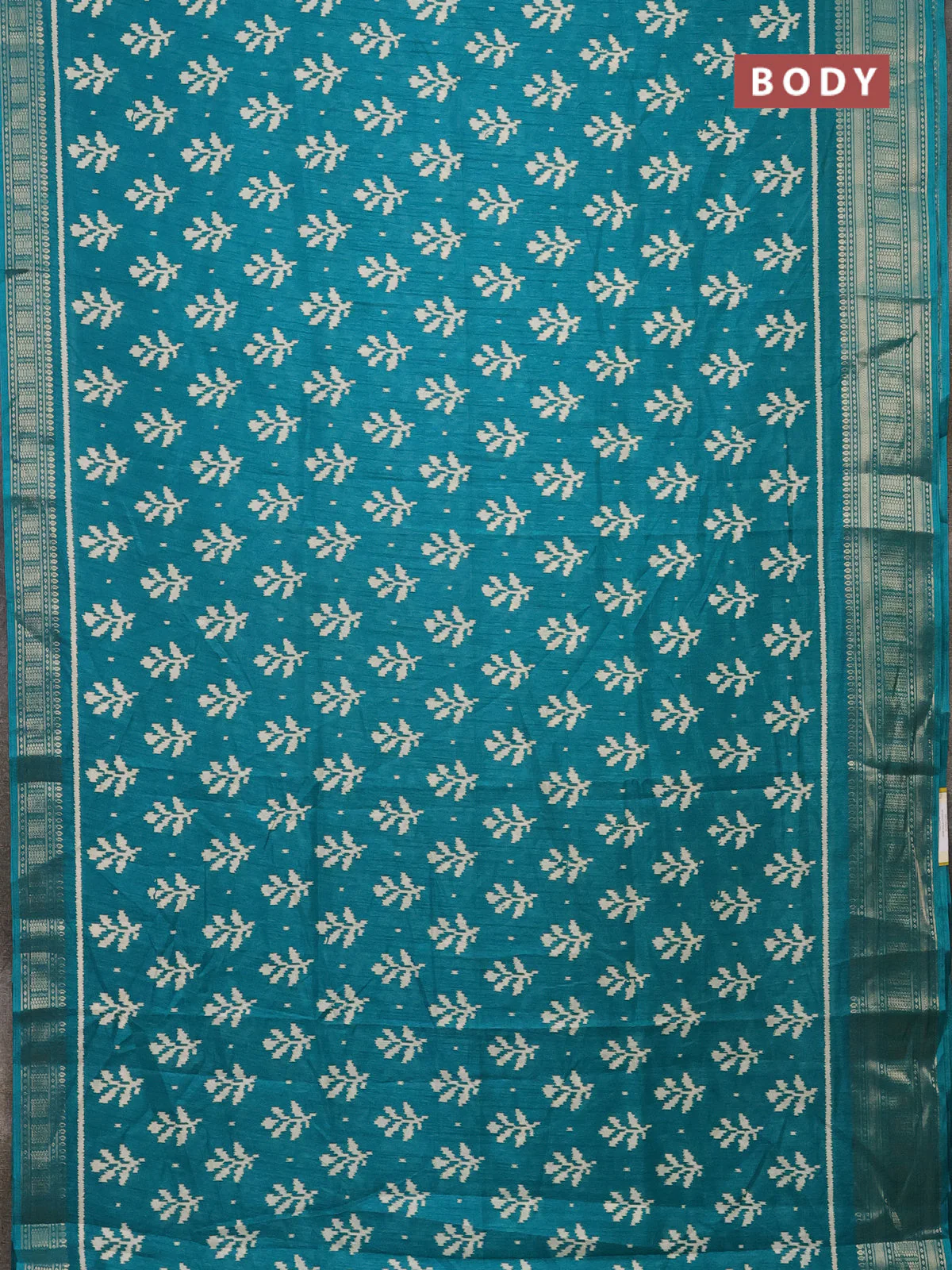 Semi dola saree teal green with allover ikat butta prints and zari woven border - Image 2