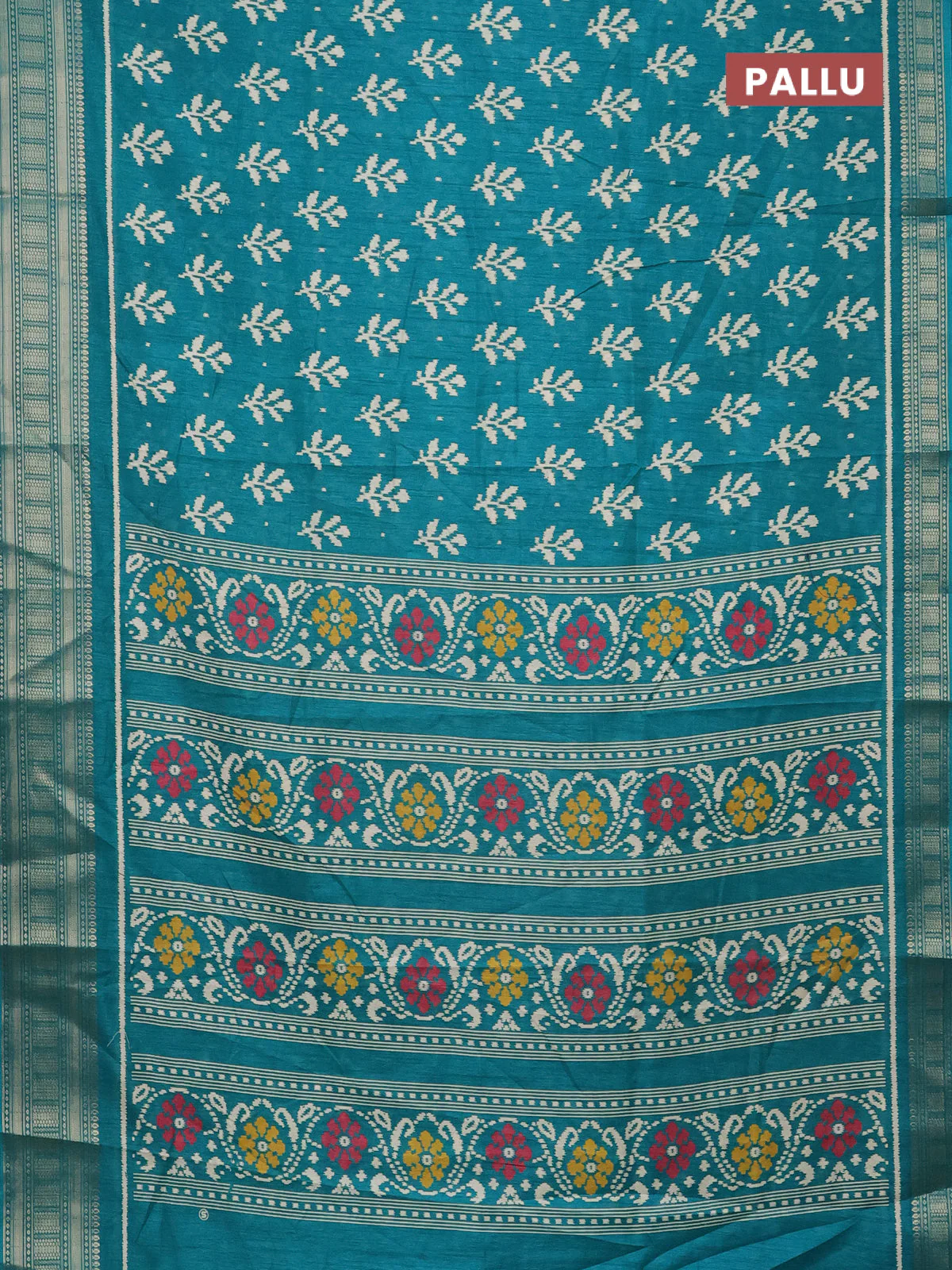 Semi dola saree teal green with allover ikat butta prints and zari woven border - Image 3