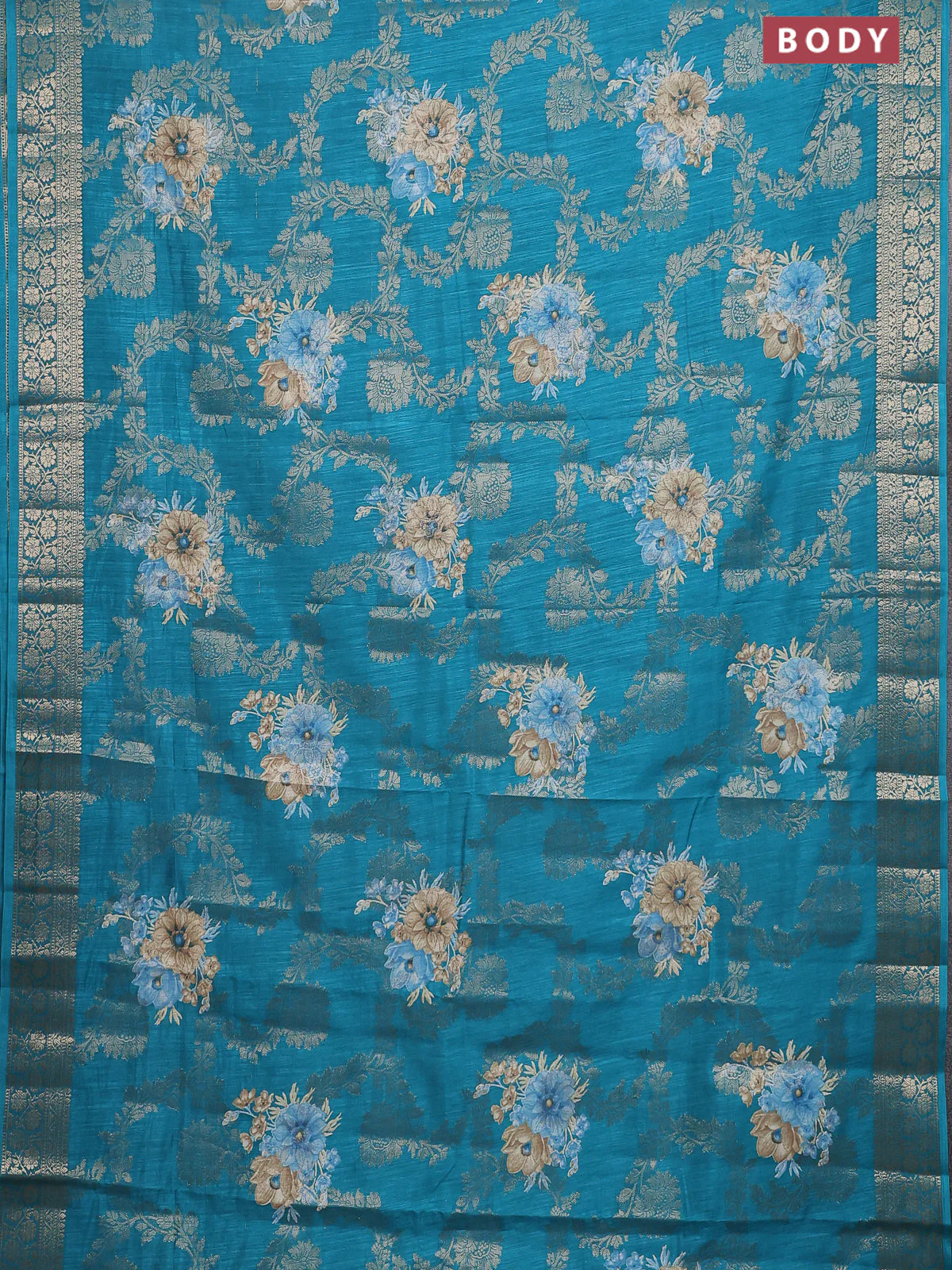 Semi dola saree teal green with allover zari weaves & floral prints and zari woven border - Image 2