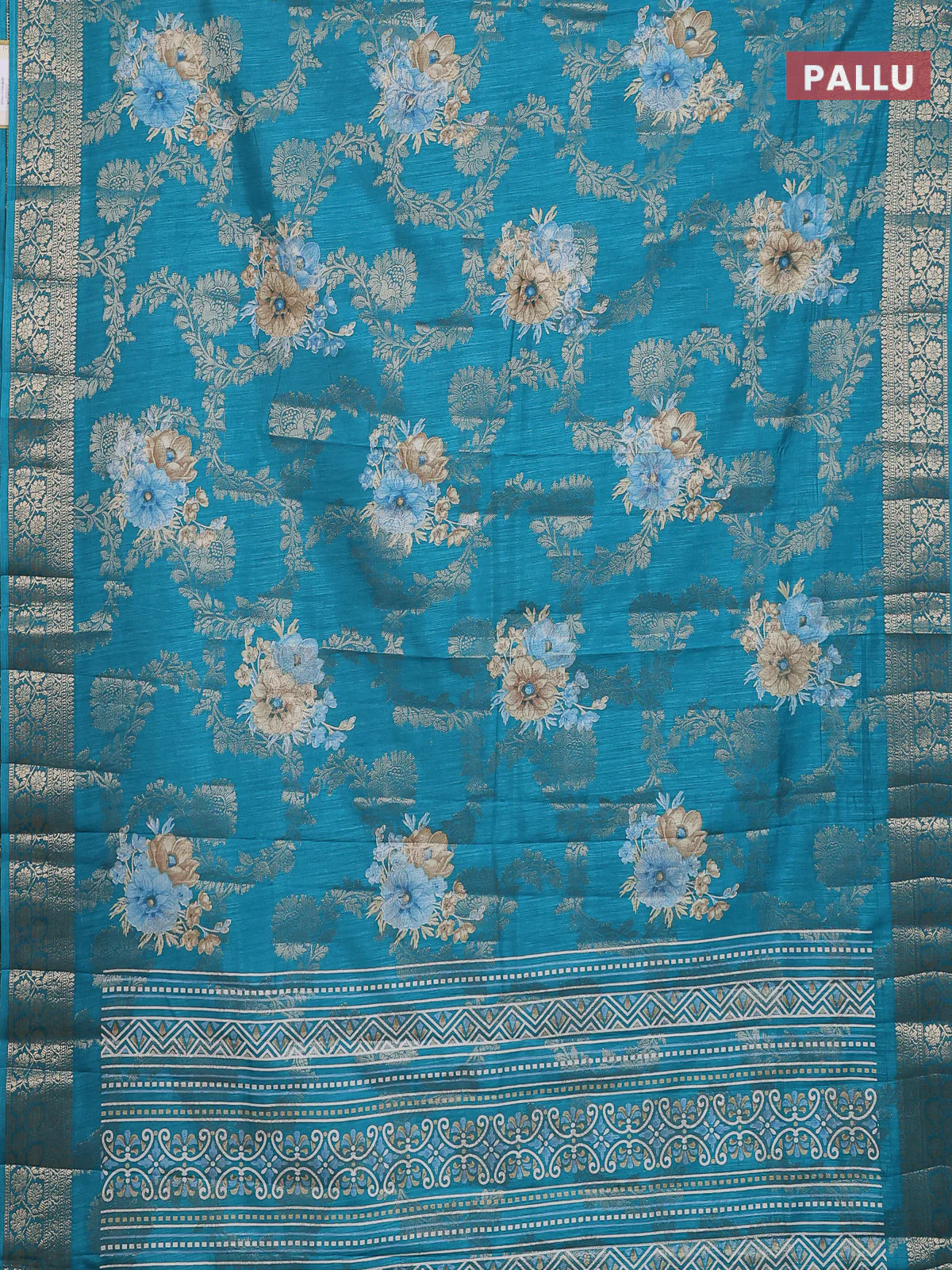 Semi dola saree teal green with allover zari weaves & floral prints and zari woven border - Image 3