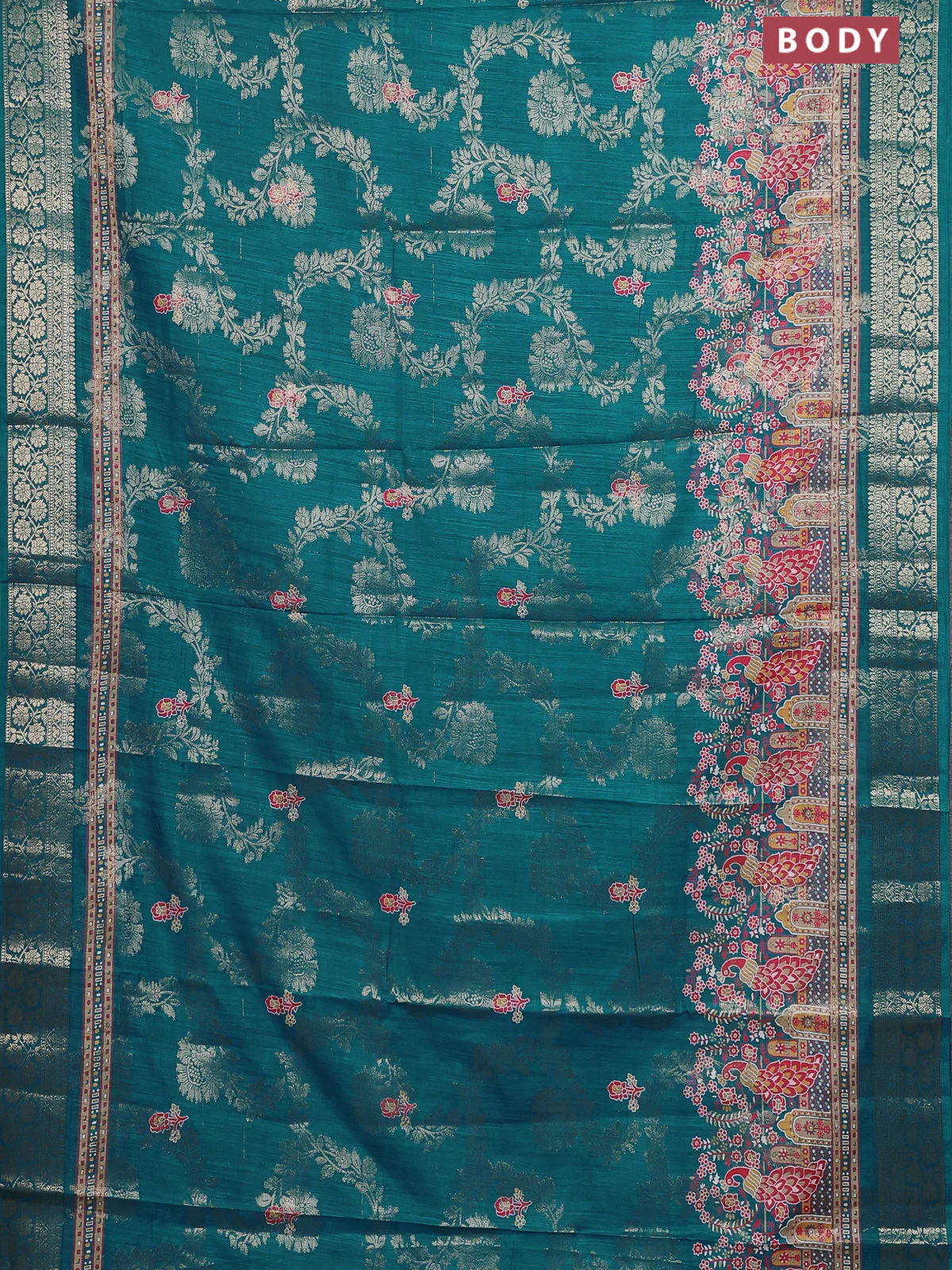 Semi dola saree teal green with allover zari weaves & floral prints and zari woven border - Image 2