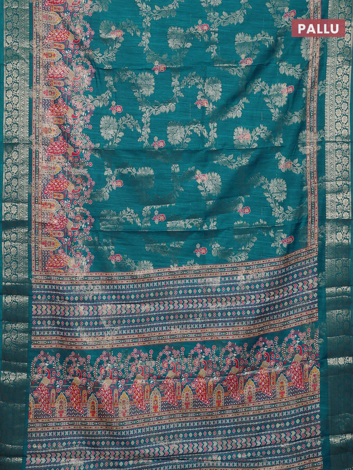 Semi dola saree teal green with allover zari weaves & floral prints and zari woven border - Image 3