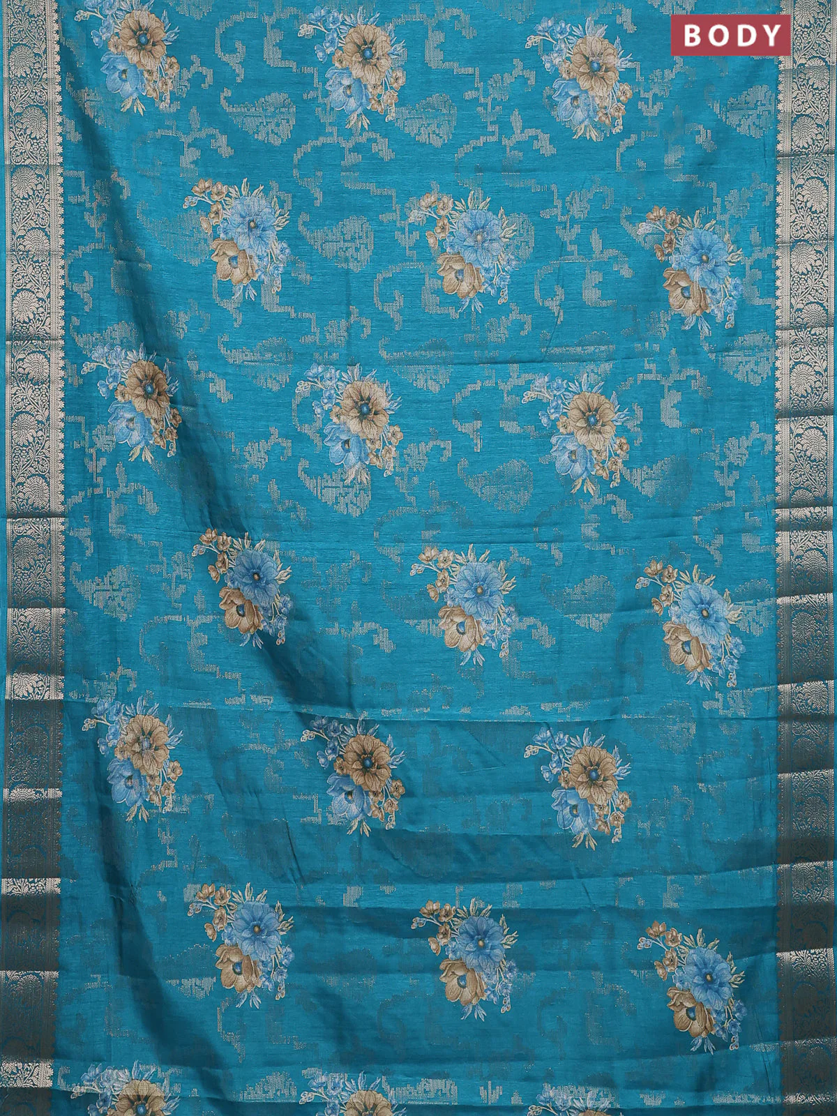 Semi dola saree teal green with allover zari weaves & floral prints and zari woven border - Image 2
