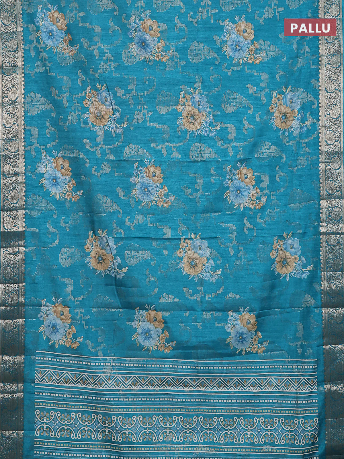 Semi dola saree teal green with allover zari weaves & floral prints and zari woven border - Image 3