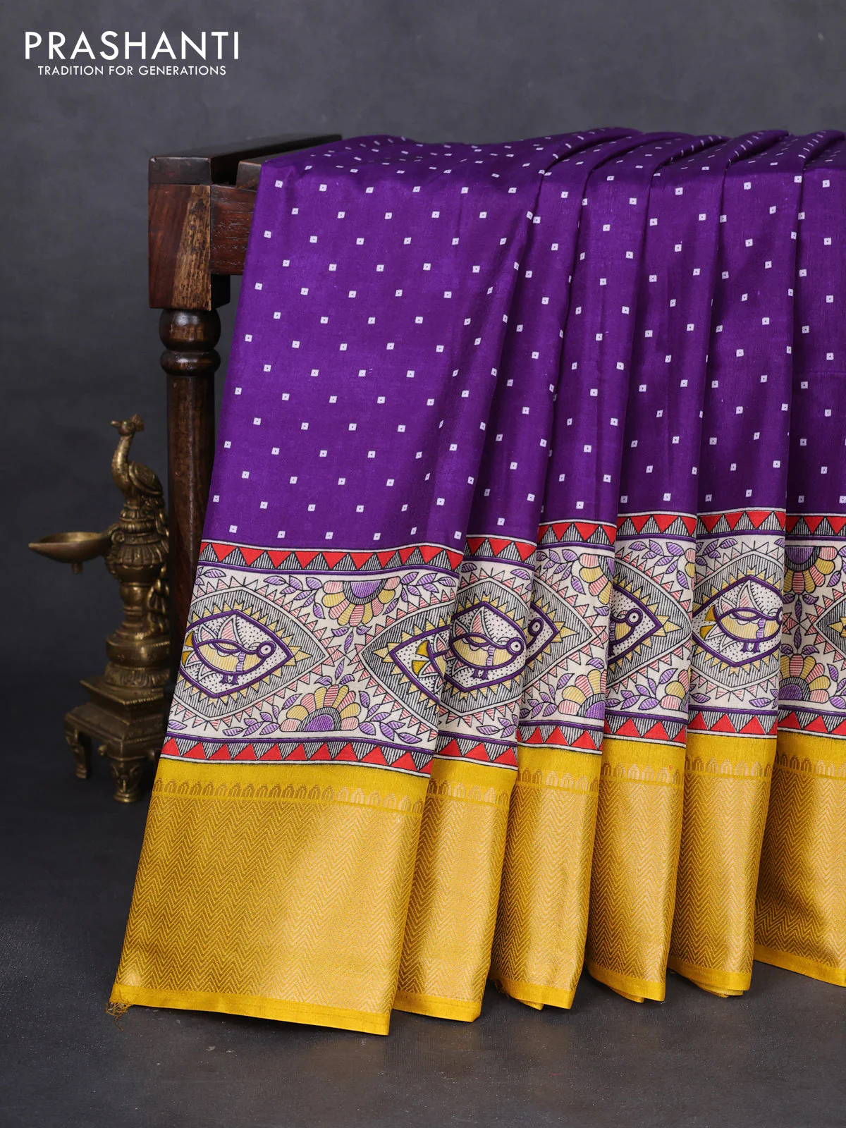 Semi dola saree violet and yellow with allover bandhani prints and long printed zari woven border