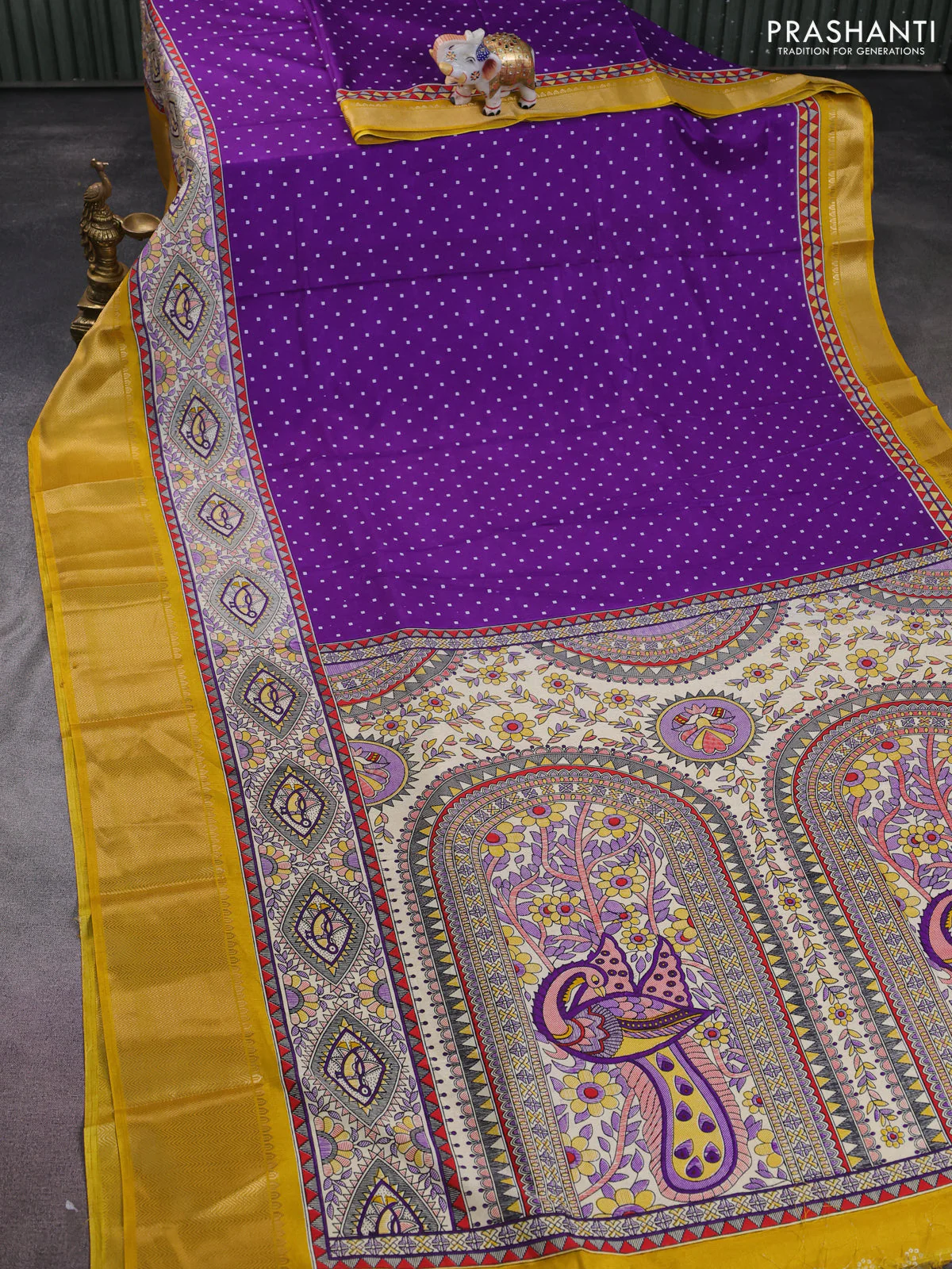 Semi dola saree violet and yellow with allover bandhani prints and long printed zari woven border - Image 2