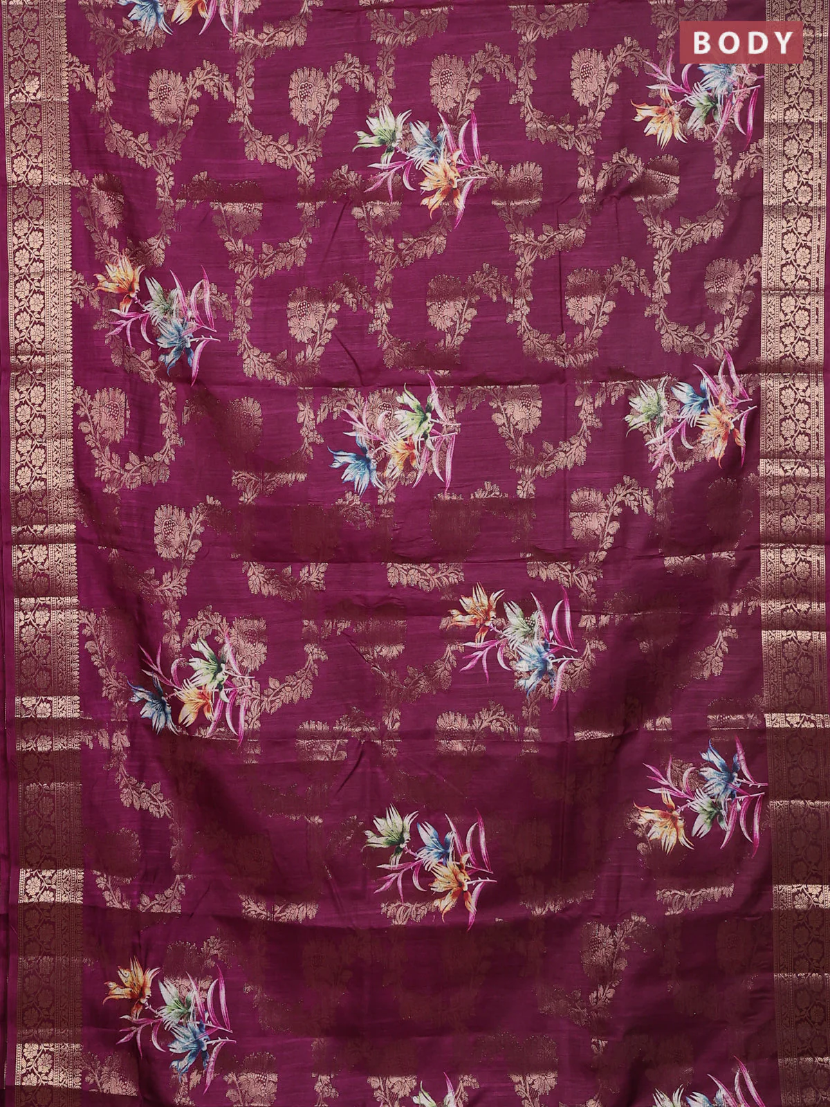 Semi dola saree wine shade with allover zari weaves & floral prints and zari woven border - Image 2