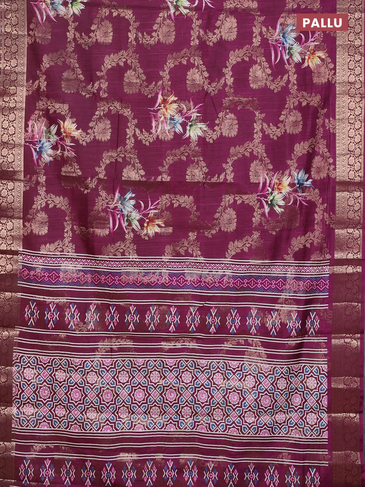 Semi dola saree wine shade with allover zari weaves & floral prints and zari woven border - Image 3