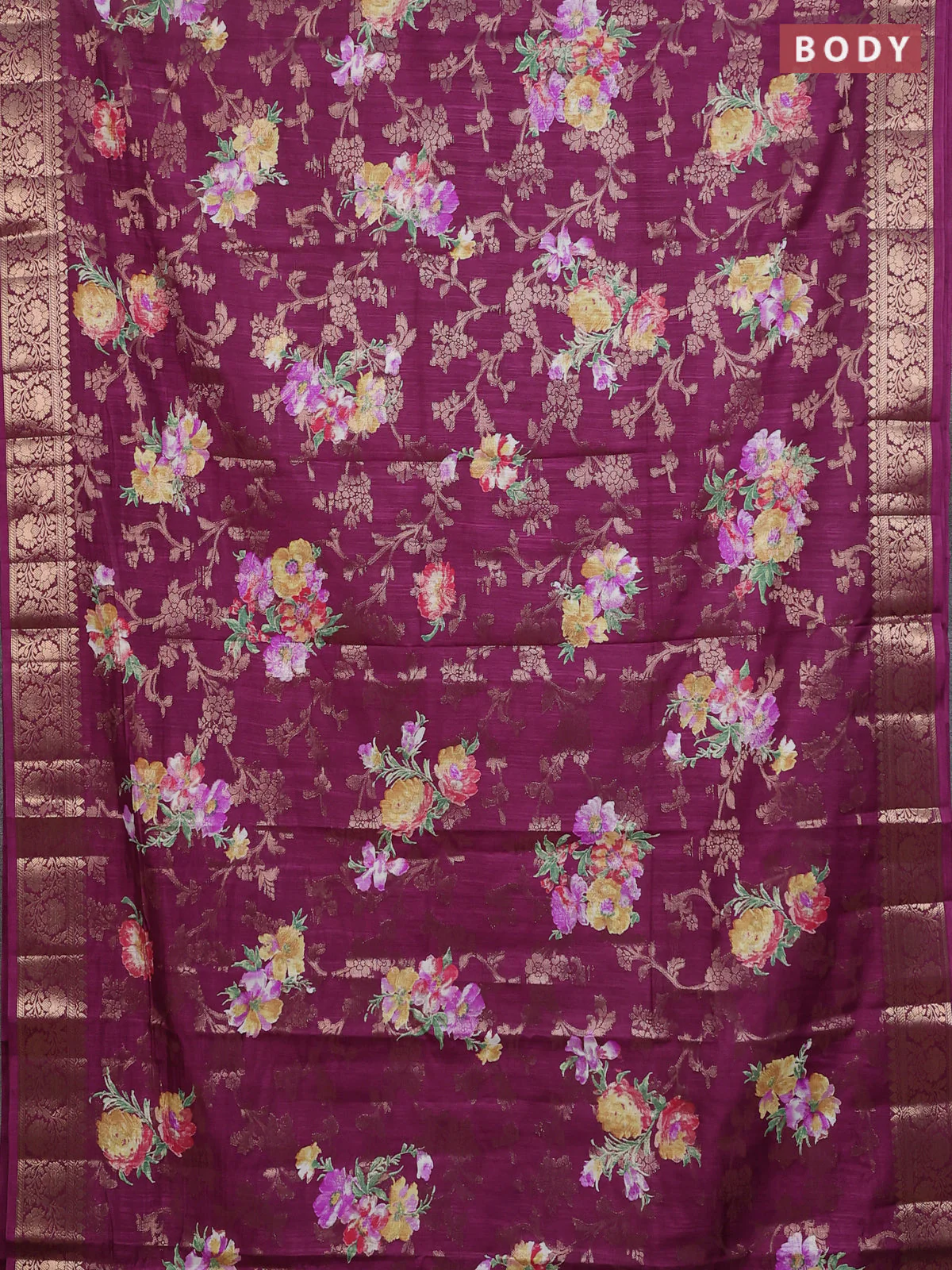 Semi dola saree wine shade with allover zari weaves & floral prints and zari woven border - Image 2