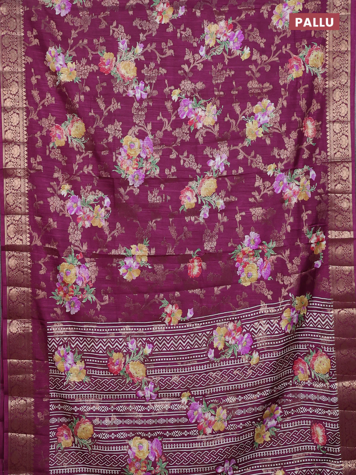 Semi dola saree wine shade with allover zari weaves & floral prints and zari woven border - Image 3