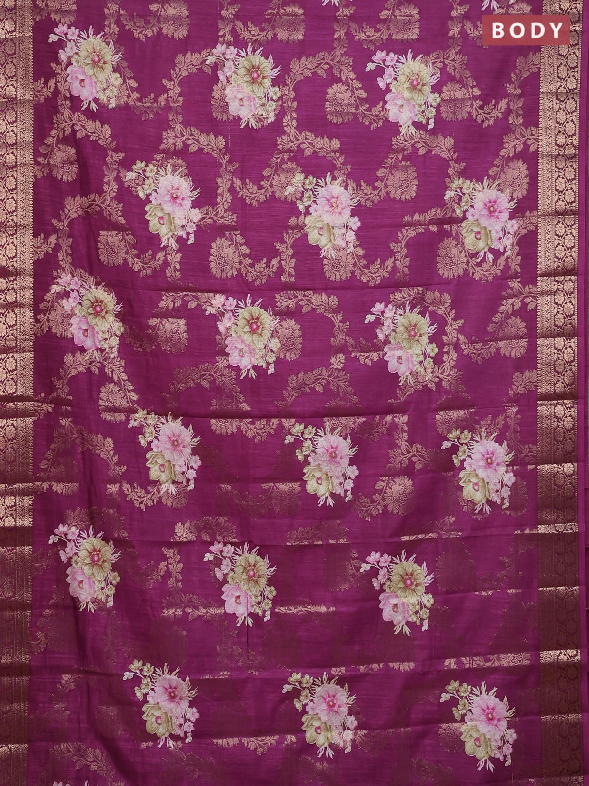 Semi dola saree wine shade with allover zari weaves & floral prints and zari woven border - Image 2