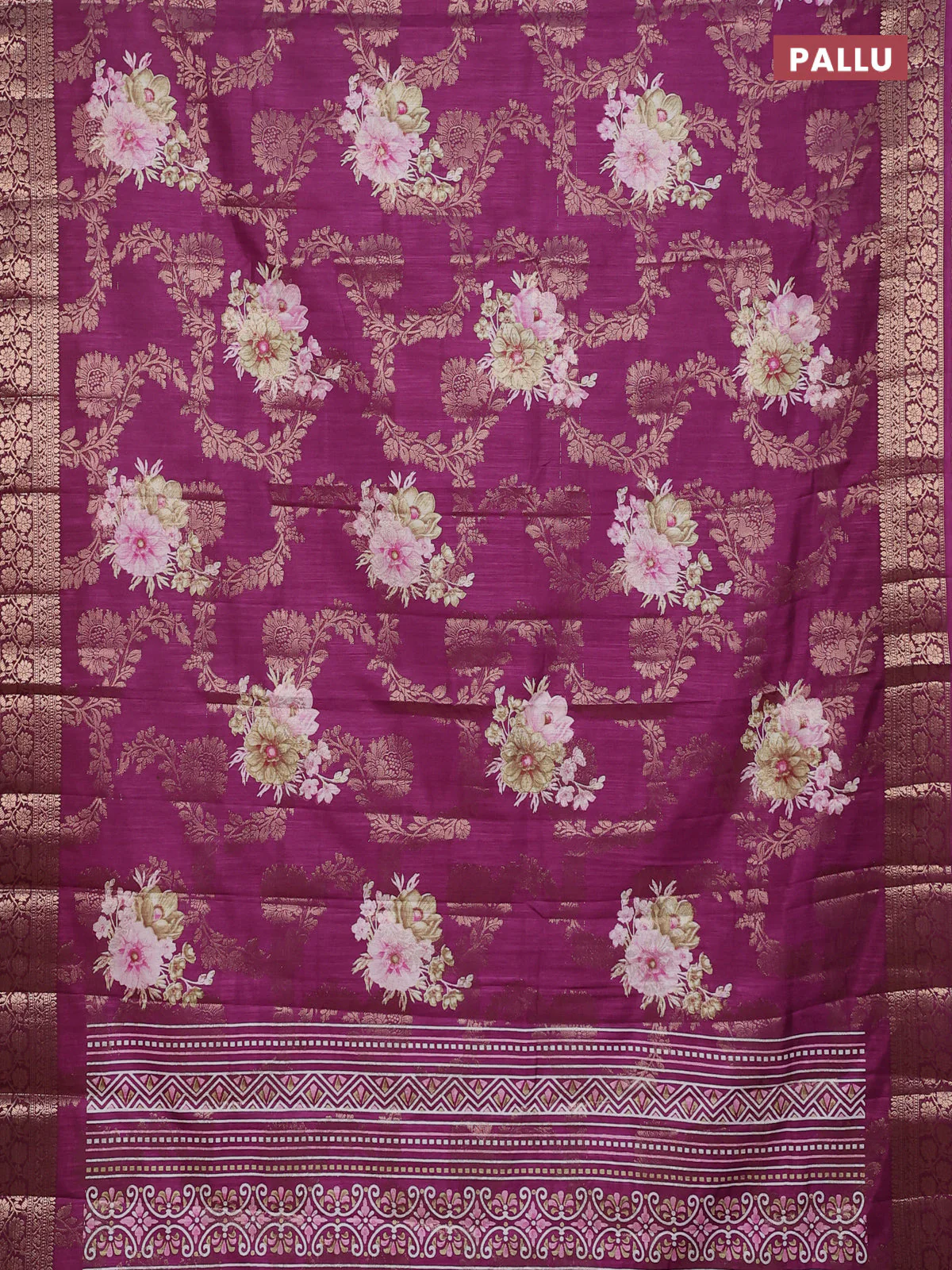 Semi dola saree wine shade with allover zari weaves & floral prints and zari woven border - Image 3