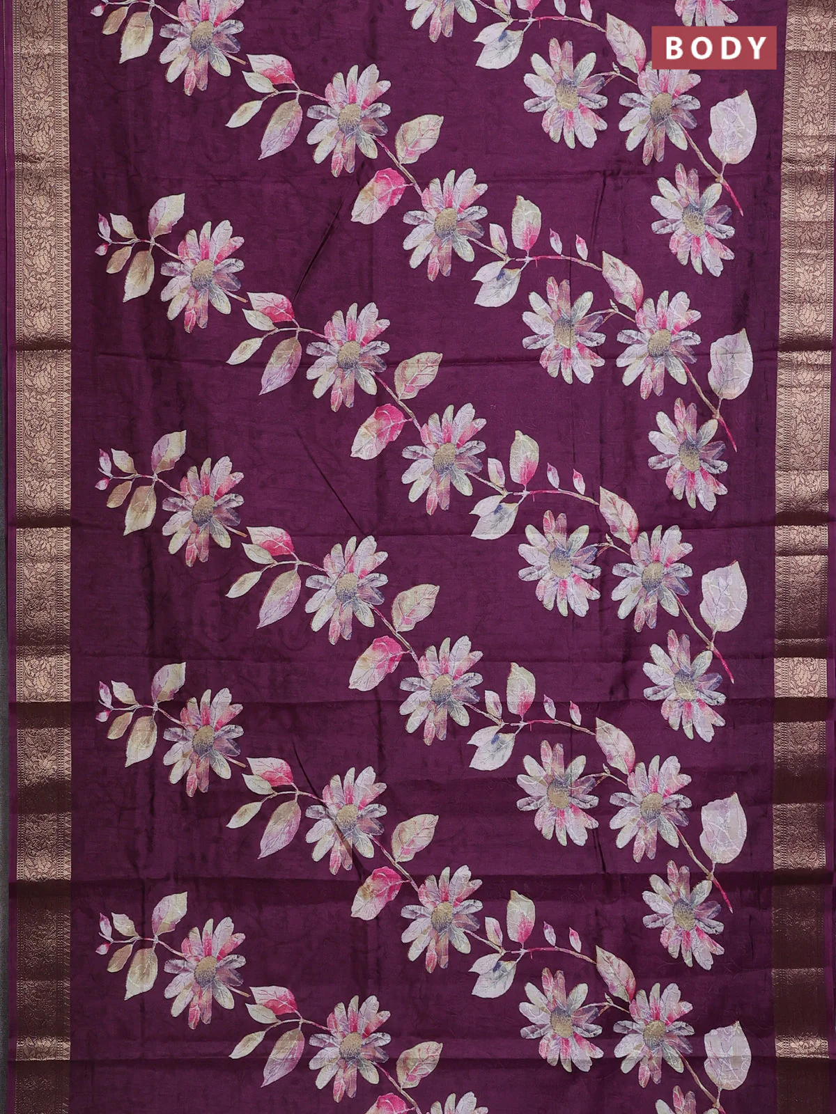 Semi dola saree wine shade with floral prints & self emboss and zari woven border - Image 2